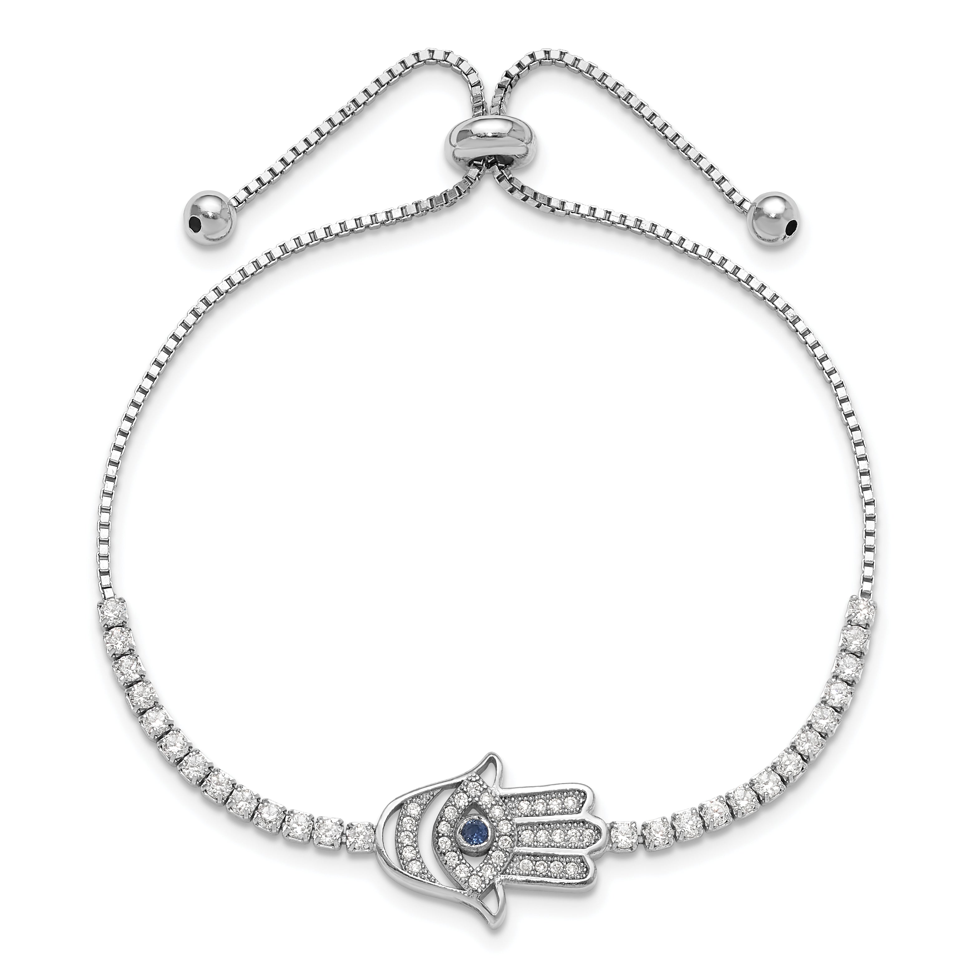 Sterling Silver Rh-plated Clear and Blue CZ Evil Eye Hamsa Adj Bracelet