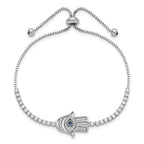 Sterling Silver Rh-plated Clear and Blue CZ Evil Eye Hamsa Adj Bracelet
