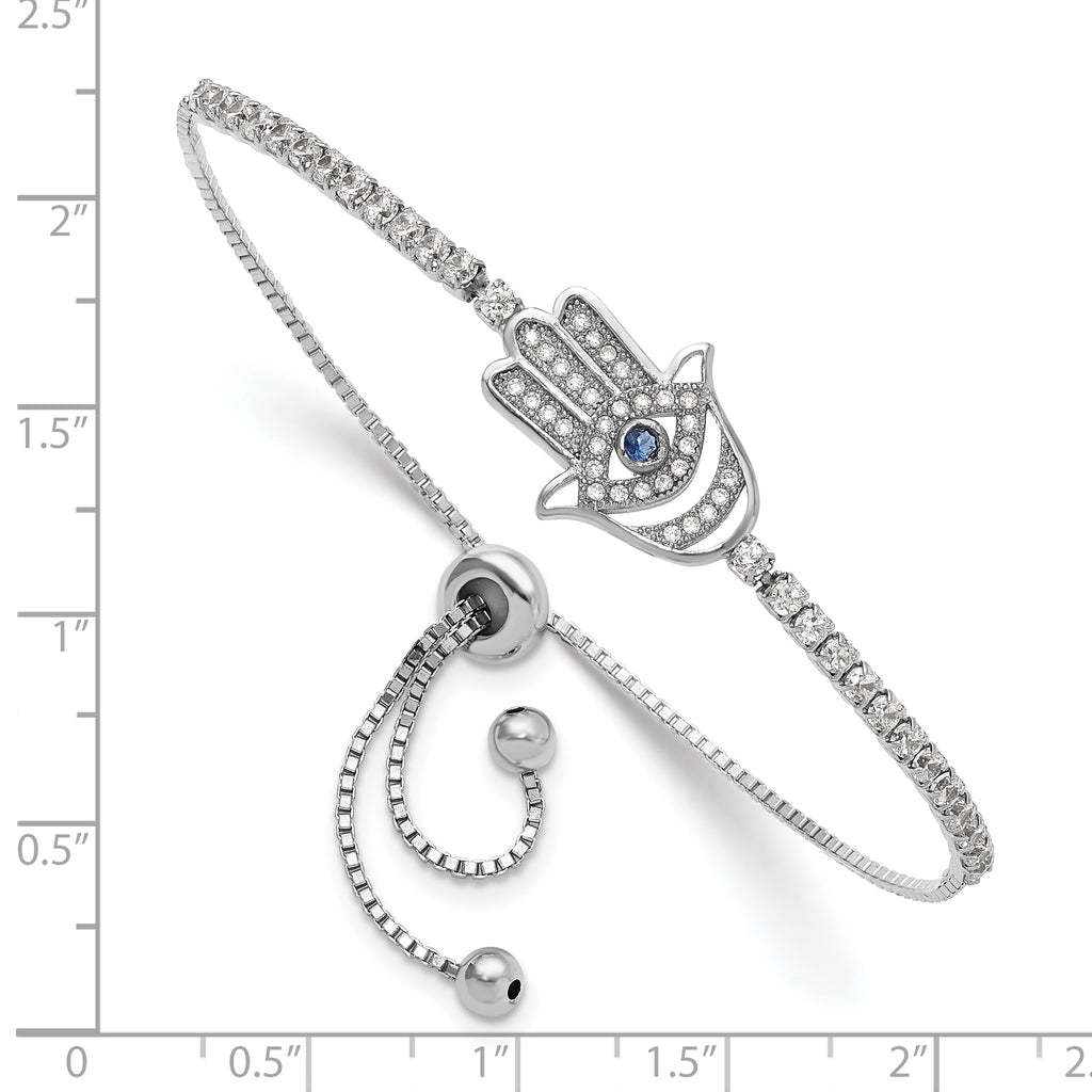 Sterling Silver Rh-plated Clear and Blue CZ Evil Eye Hamsa Adj Bracelet
