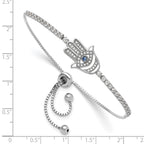 Sterling Silver Rh-plated Clear and Blue CZ Evil Eye Hamsa Adj Bracelet