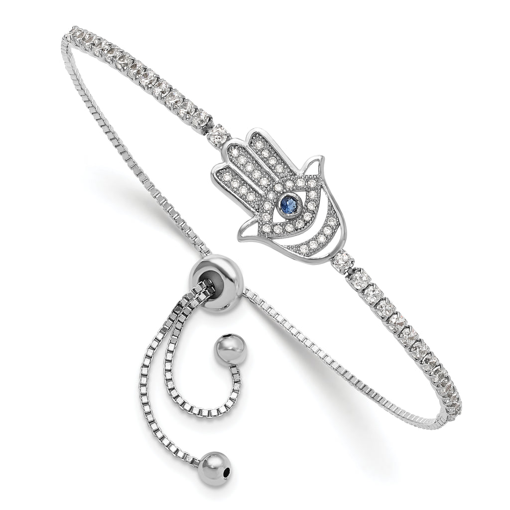 Sterling Silver Rh-plated Clear and Blue CZ Evil Eye Hamsa Adj Bracelet