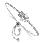 Sterling Silver Rh-plated Clear and Blue CZ Evil Eye Hamsa Adj Bracelet