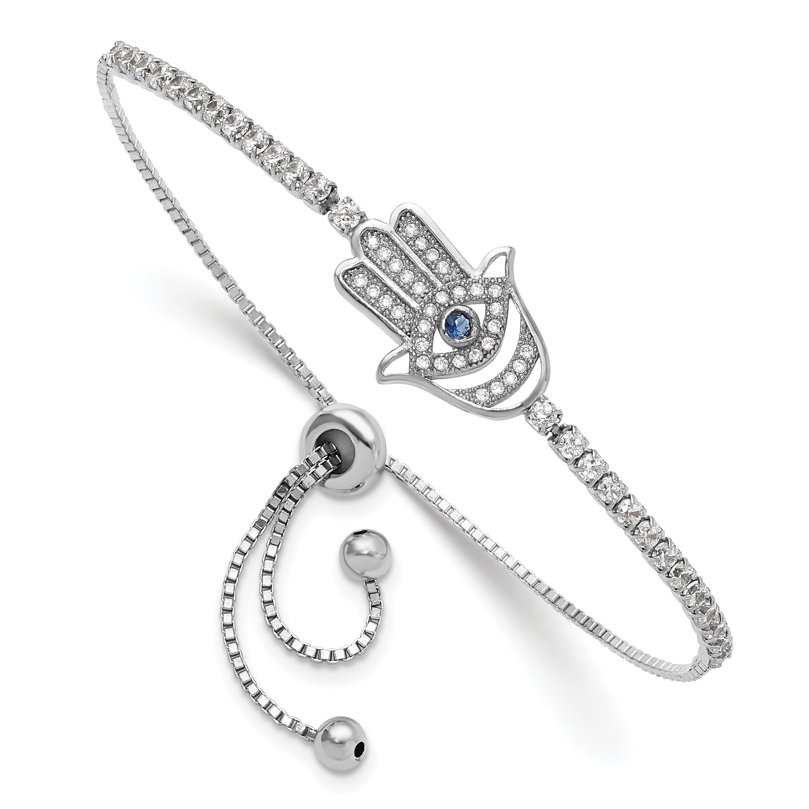 Sterling Silver Rh-plated Clear and Blue CZ Evil Eye Hamsa Adj Bracelet