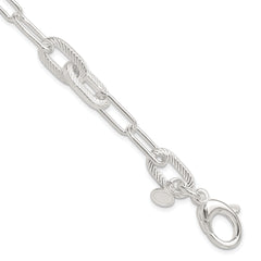 Sterling Silver Polished and Textured Paperclip Link Bracelet