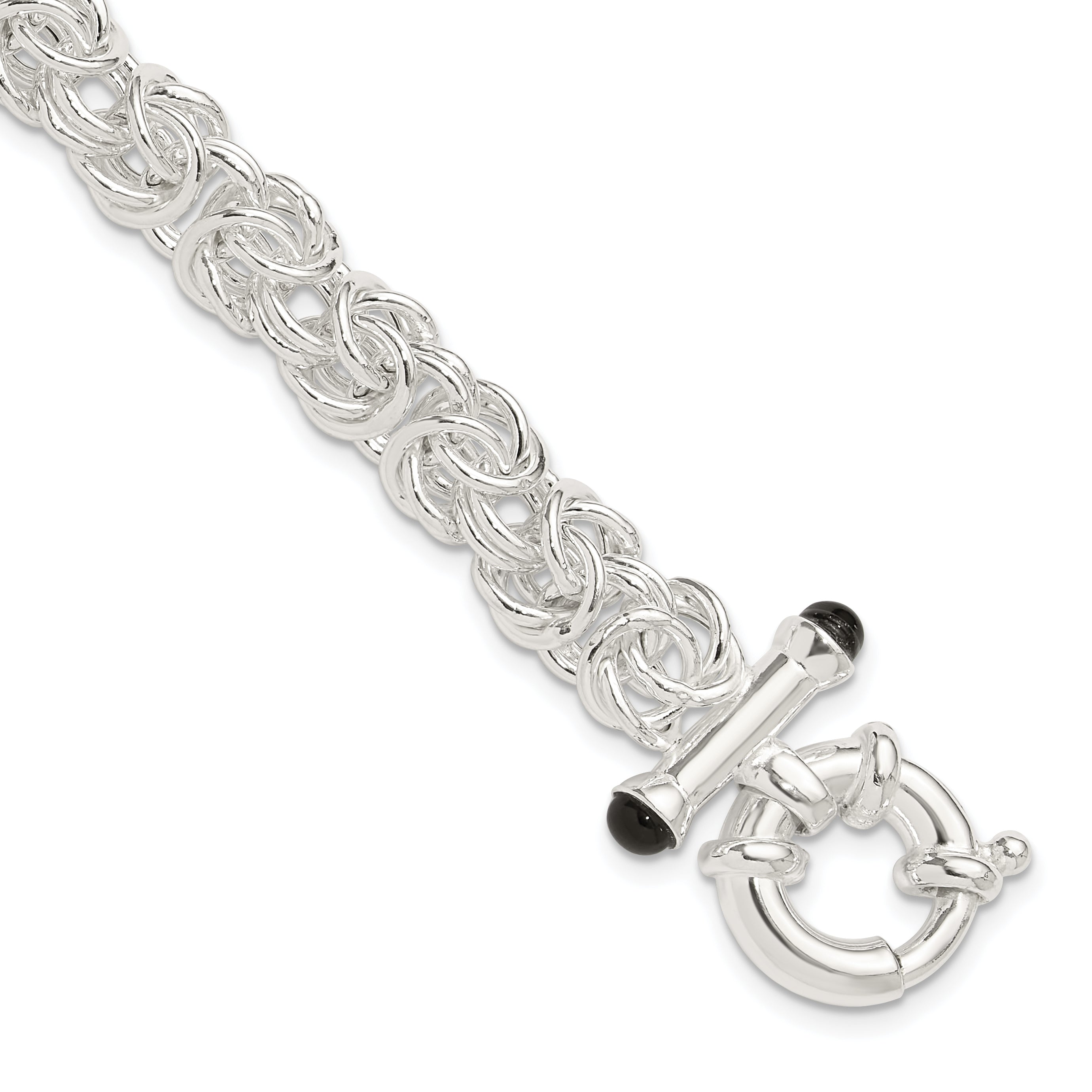 Sterling Silver Polished Black Onyx Rounded Byzantine Chain Bracelet Main image