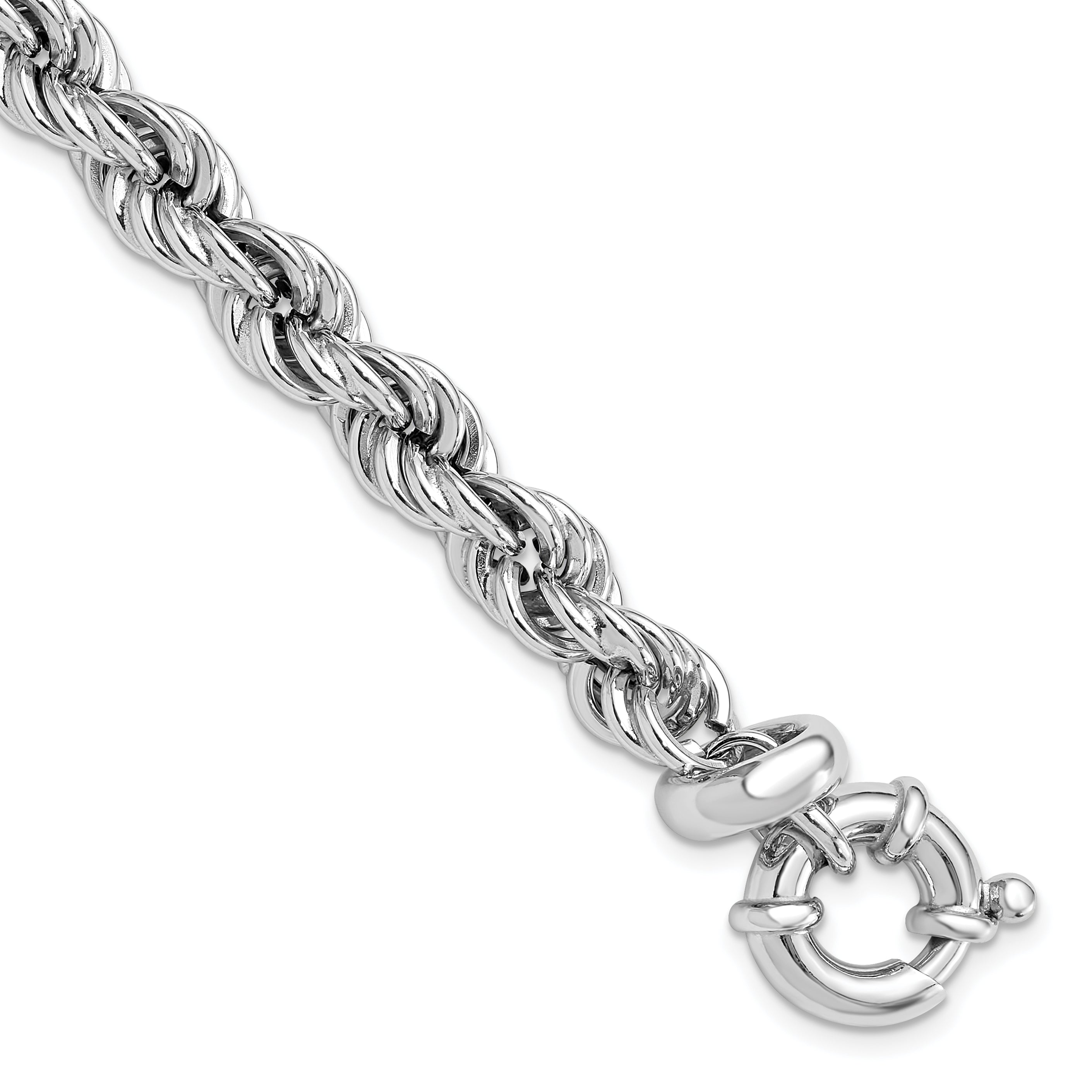 Sterling Silver Rhodium-Rhodium-Plated Hollow Rope 7in w/.5in Ext. Bracelet