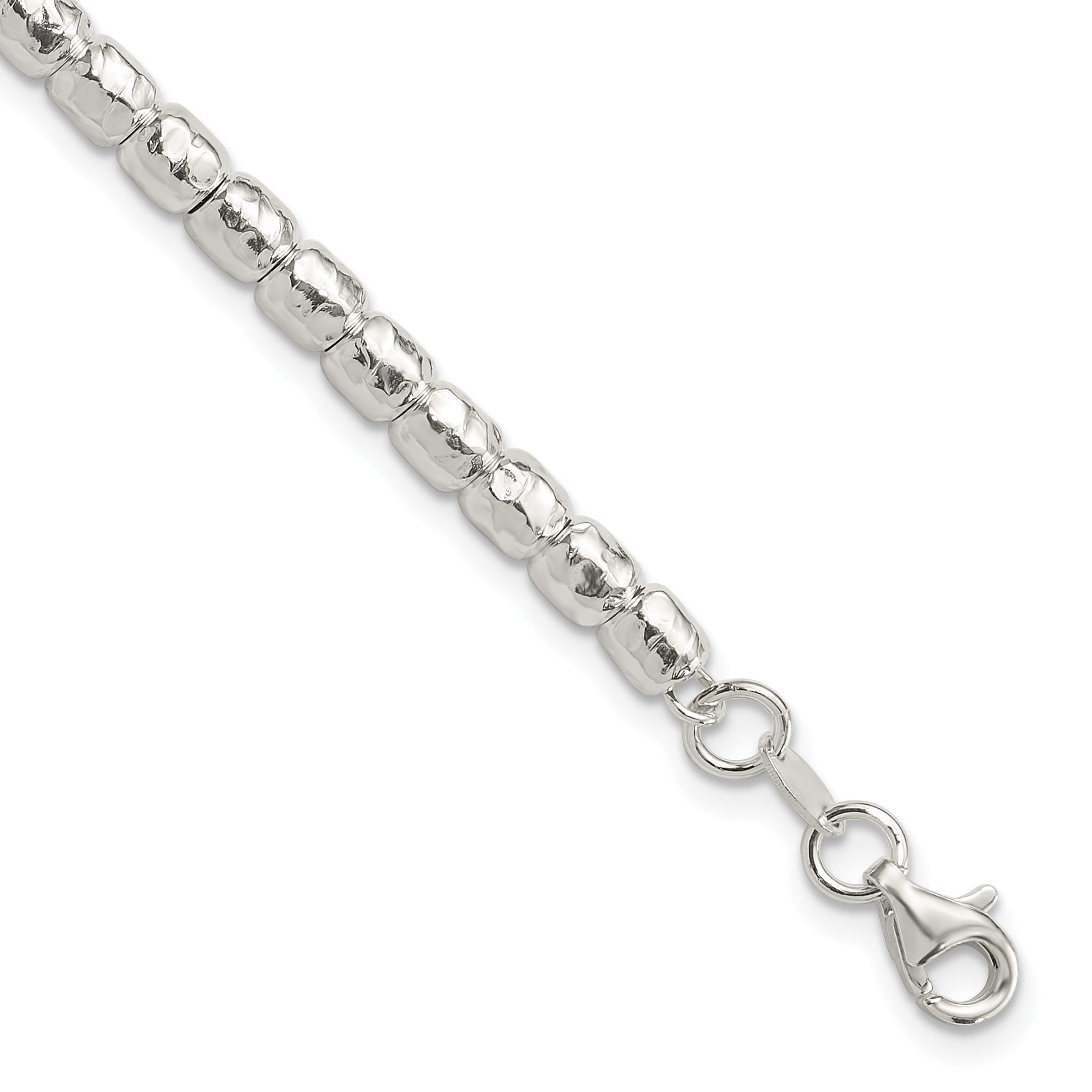 Sterling SilverRhodium-Rhodium-Plated Polish/Hammered Beaded w/1 in ext. Bracelet