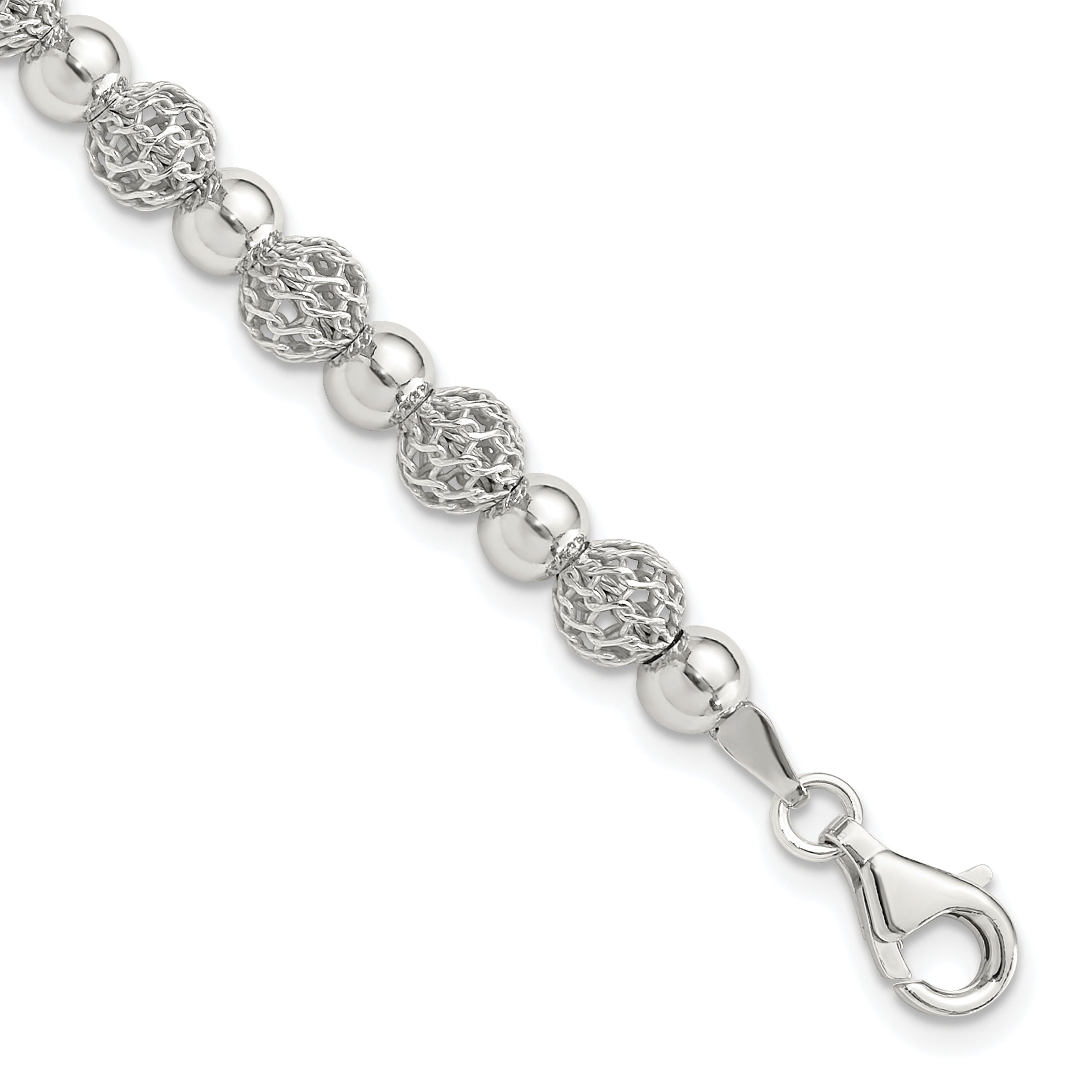 Sterling Silver Rhodium-Rhodium-Plated Polished Beaded 7.5in Bracelet