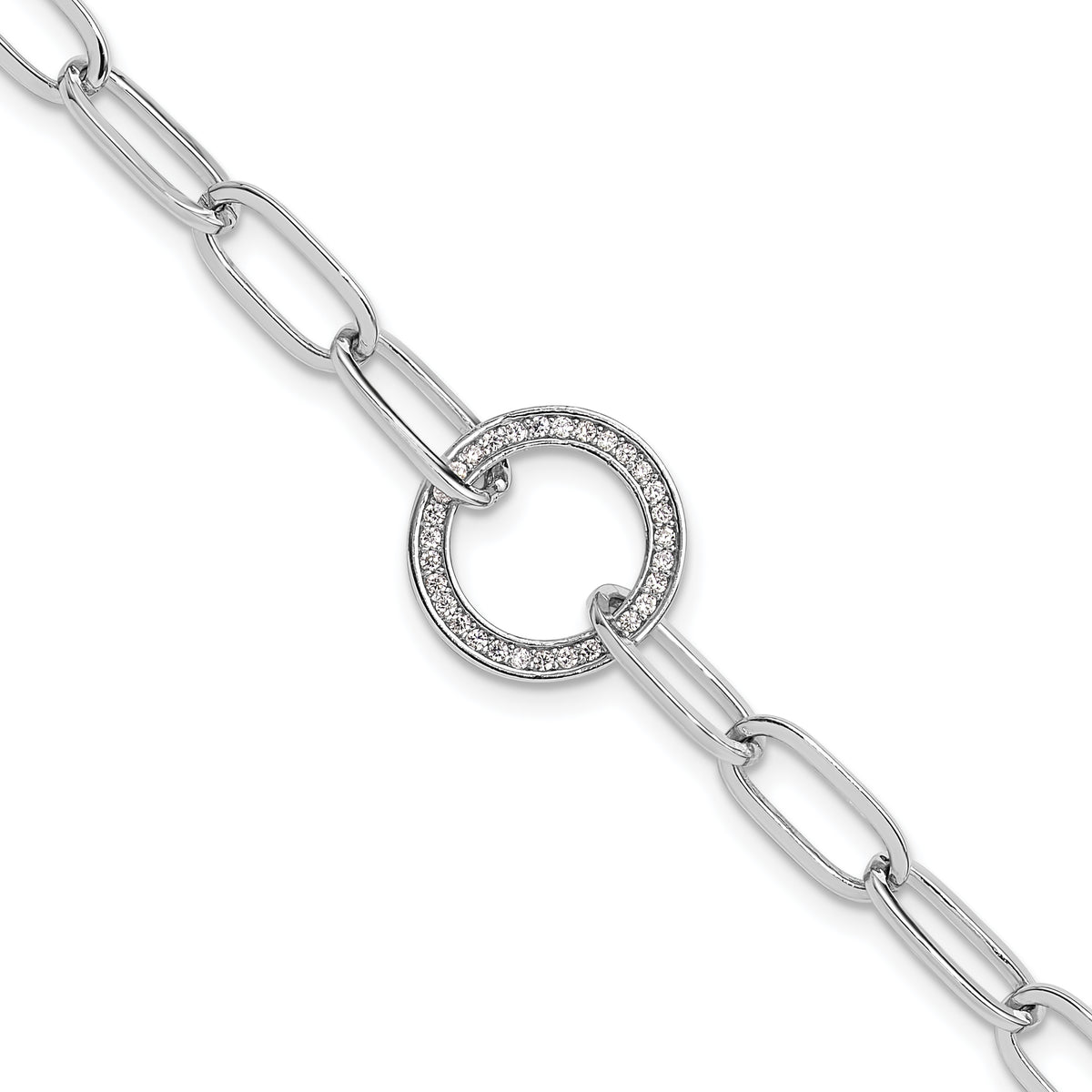 Sterling Silver Rhodium-Rhodium-Plated Paperclip CZ Circle with 1in ext. Bracelet