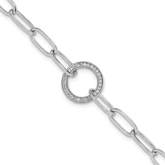 Sterling Silver Rhodium-Rhodium-Plated Paperclip CZ Circle with 1in ext. Bracelet
