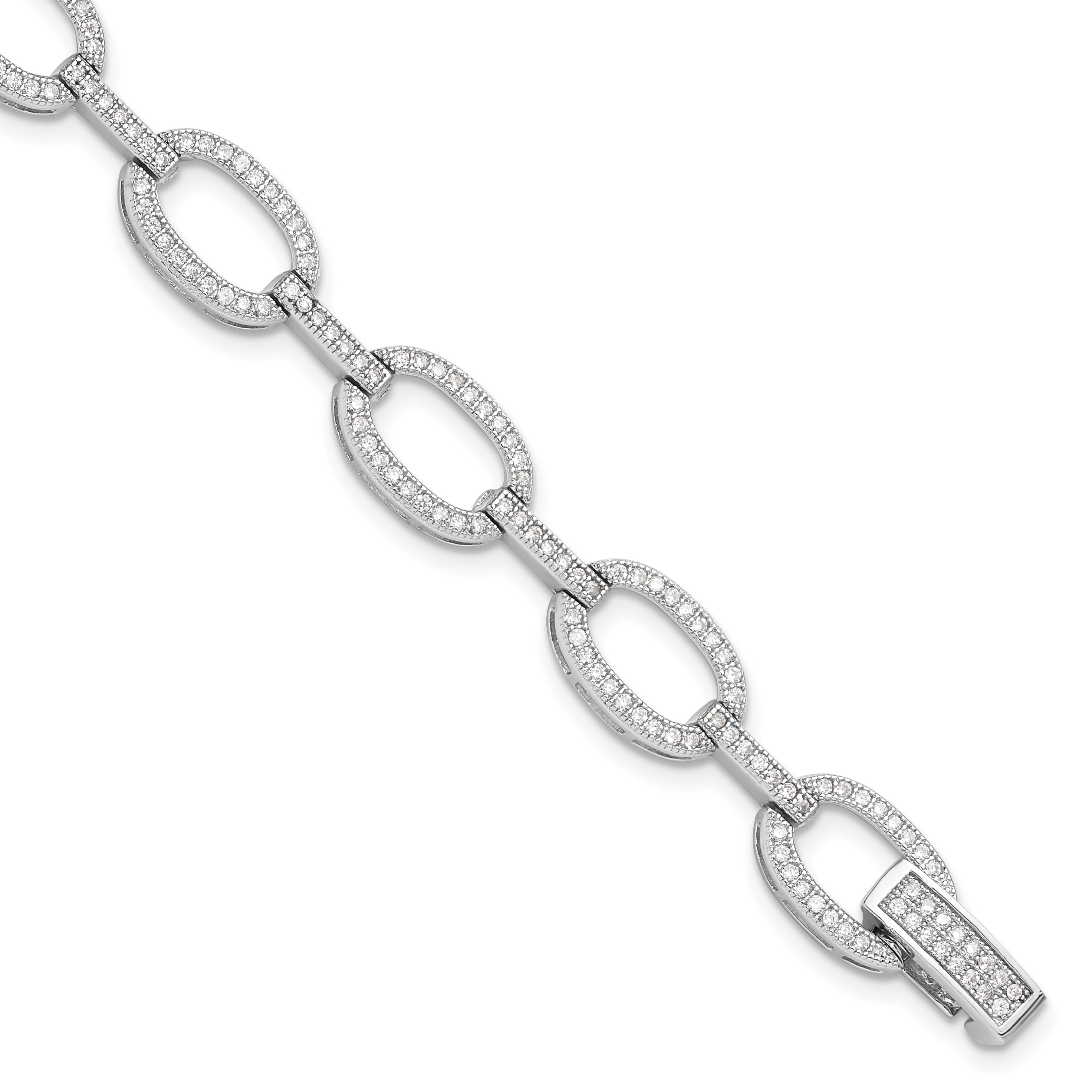 Sterling Silver Rhodium-Rhodium-Plated CZ Oval Link Bracelet