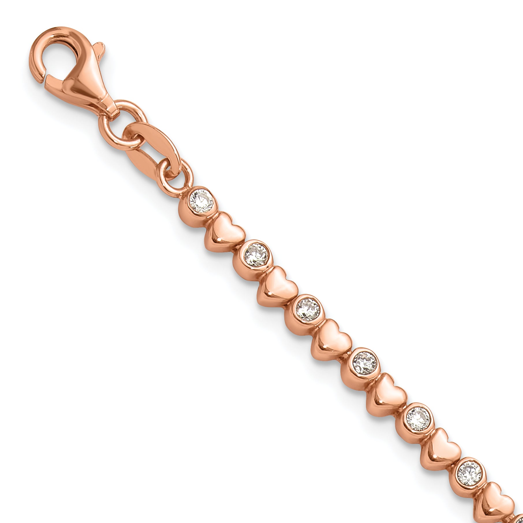 Sterling Silver Rose Tone Polished CZ and Hearts 7in w/1in ext. Bracelet Main image
