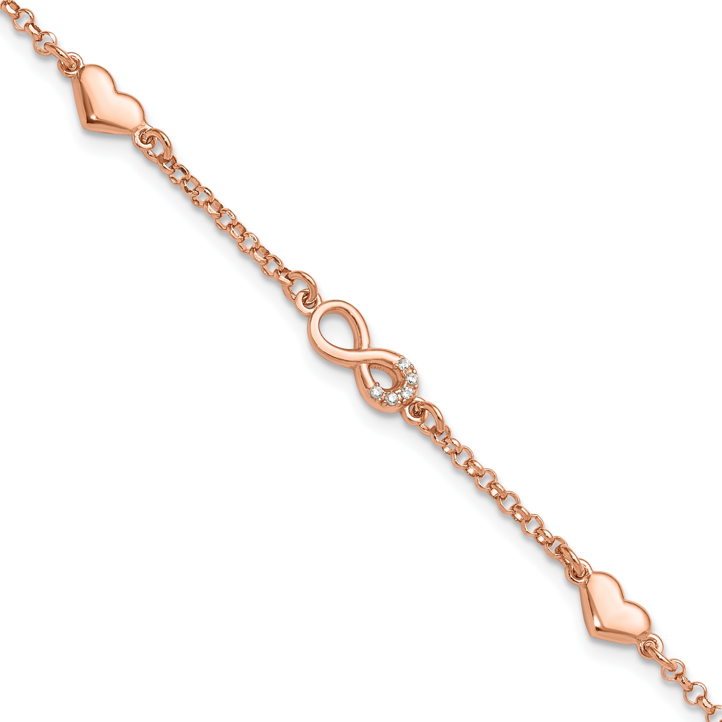 Sterling Silver Rose Gold-plated Heart CZ Infinity w/.5in ext. Bracelet Main image