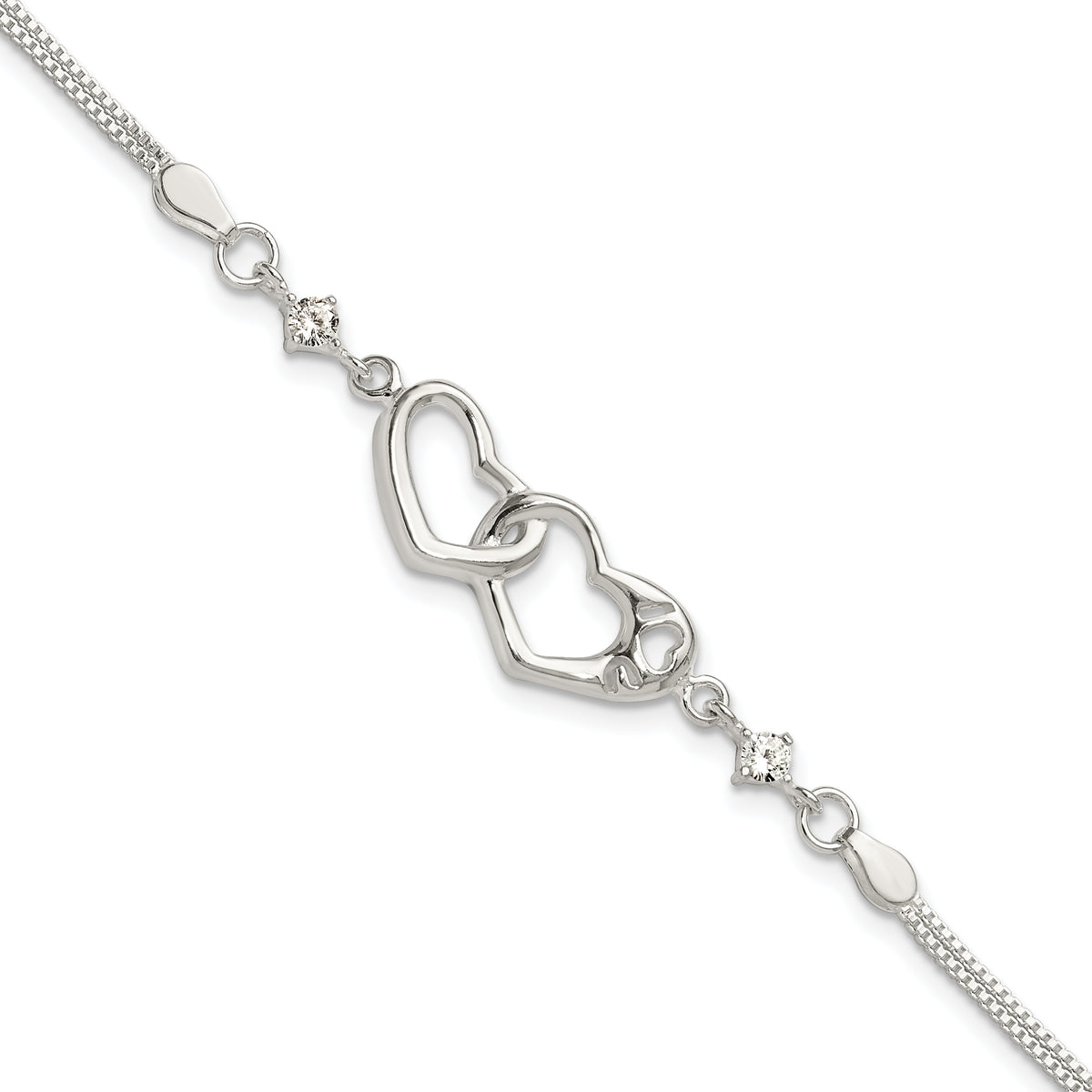 Sterling Silver Rhodium-Rhodium-Plated Polished CZ I Heart You w/1in ext Bracelet