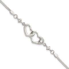 Sterling Silver Rhodium-Rhodium-Plated Polished CZ I Heart You w/1in ext Bracelet