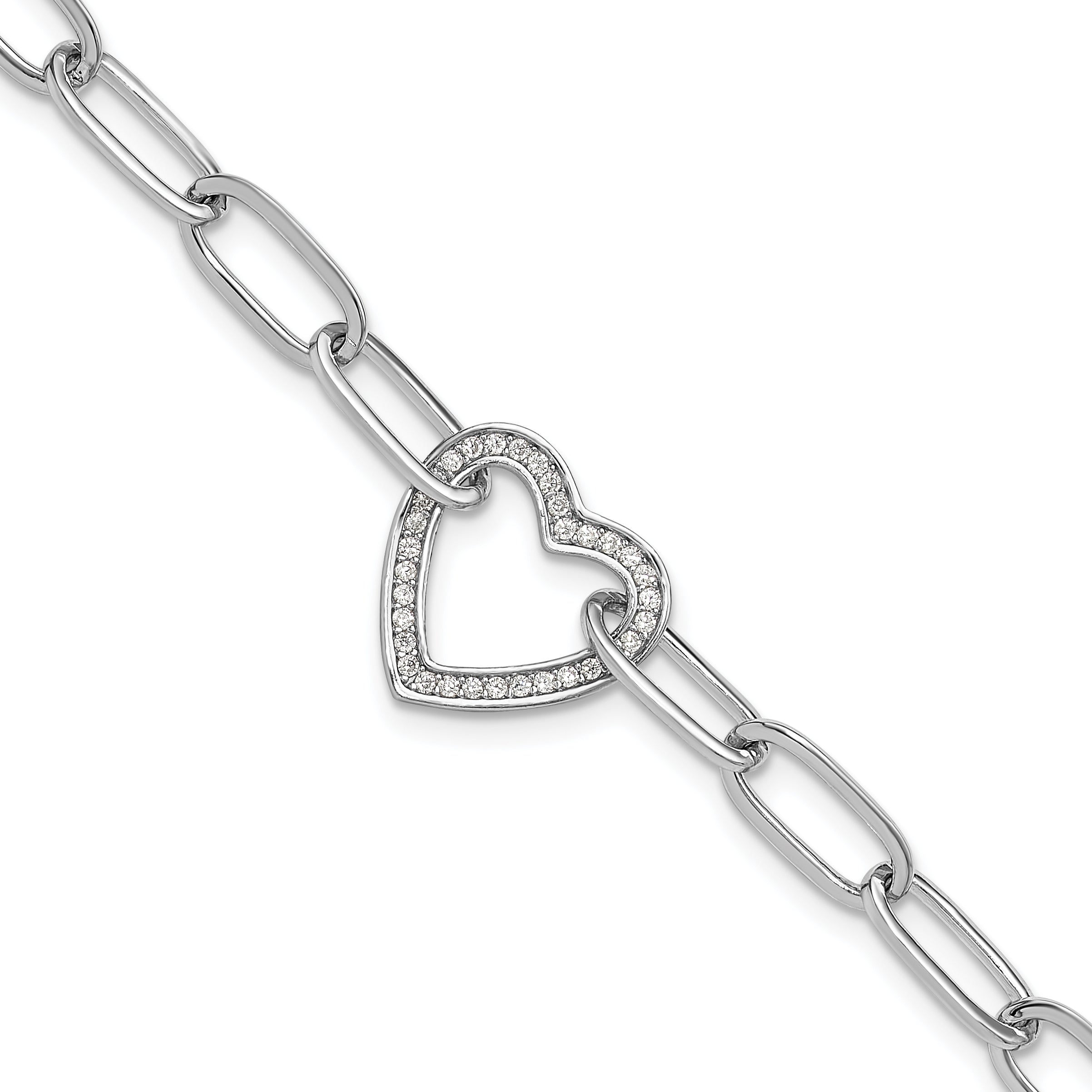 Sterling Silver Rhodium-Rhodium-Plated Paperclip CZ Heart with 1in ext. Bracelet Main image