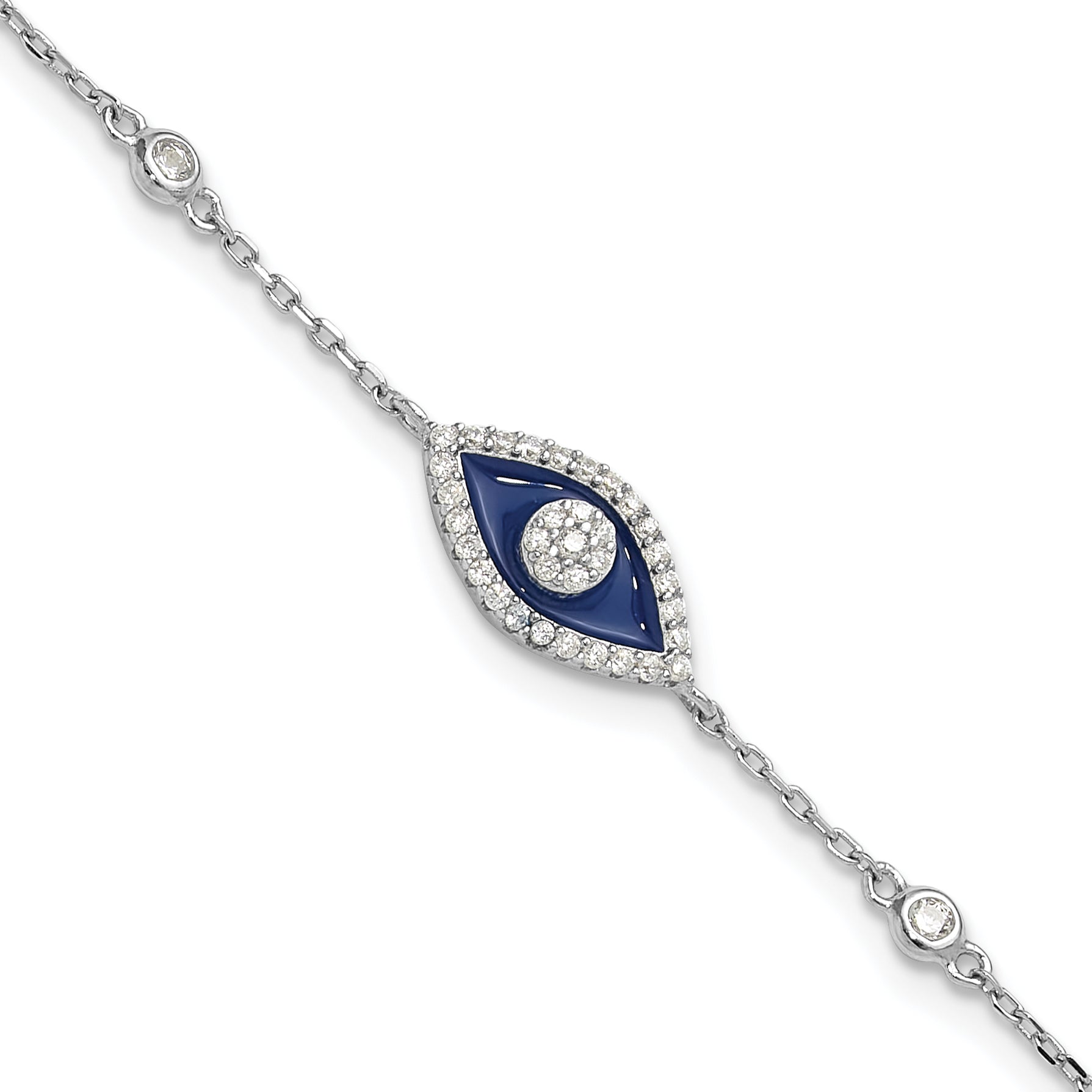 Sterling SilverRhodium-Rhodium-Plated CZ Enamel Evil Eye 7in w/1in ext. Bracelet