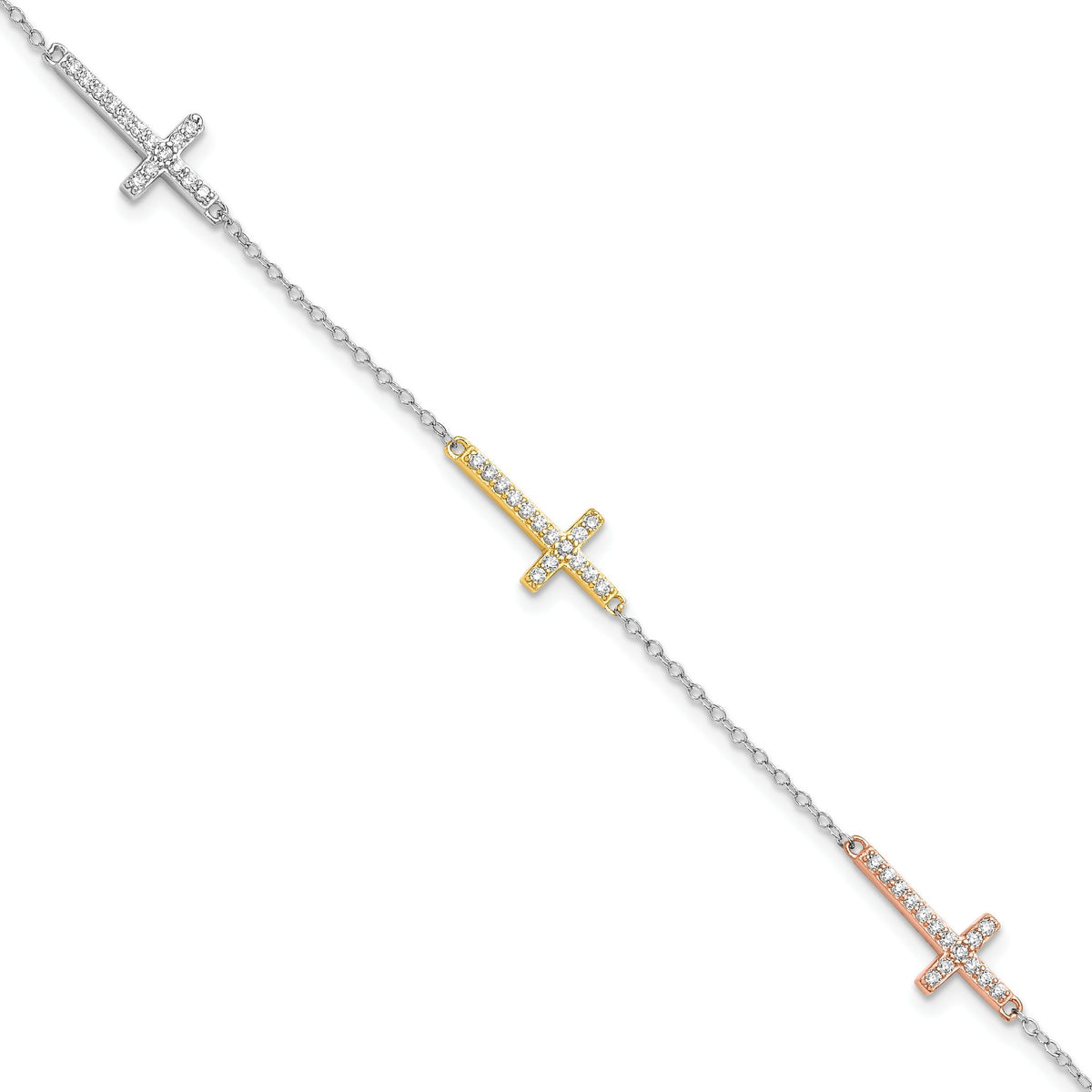 Gold/Rose-Tone Cubic Zirconia Cross Bracelet in Sterling Silver, 7 Inch - Sophia Jewelers Main image