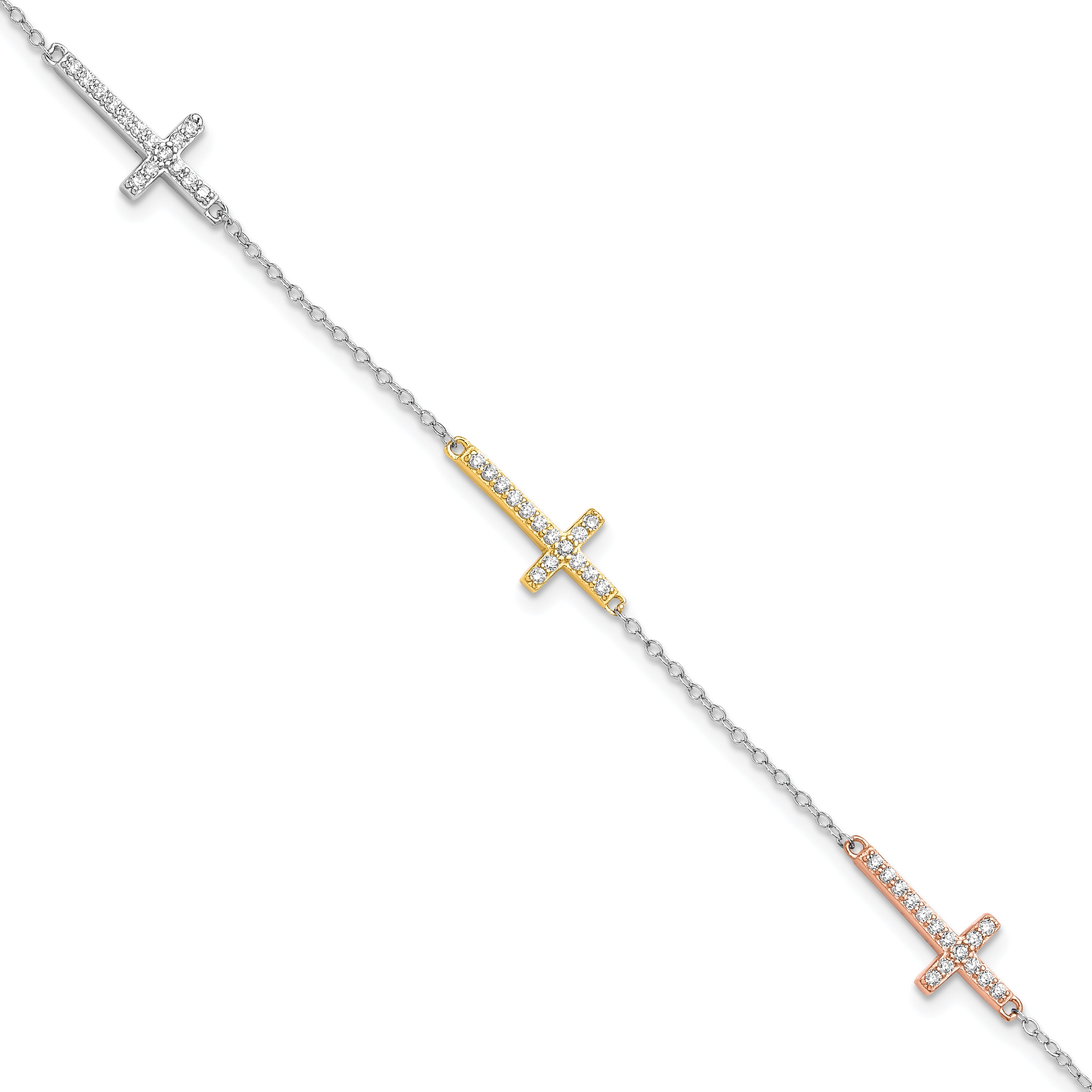 Sterling Silver Rhodium-Platedod-plated Gold/Rose-tone CZ Cross w/1in ext. Bracelet