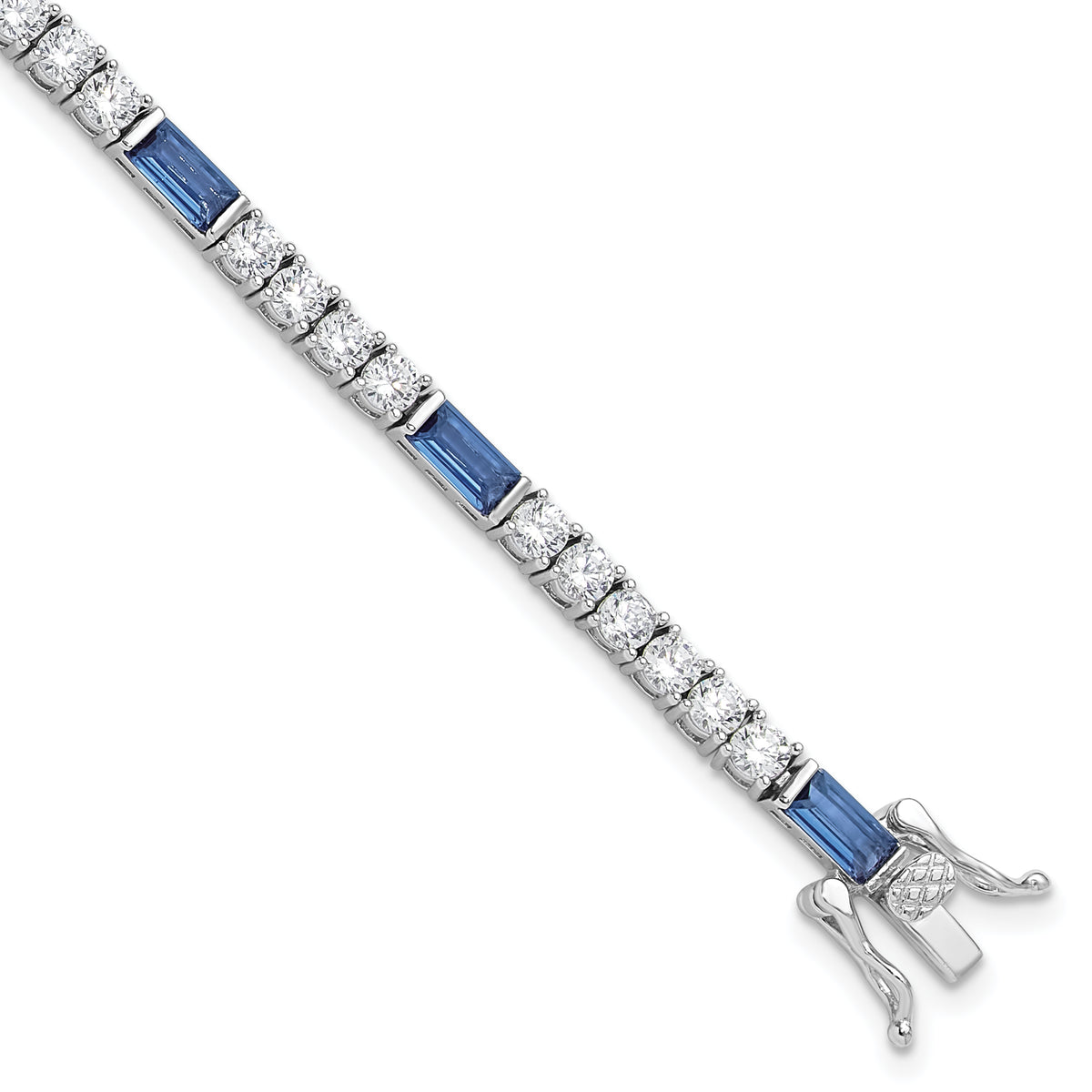 Sterling Silver Rhodium-Rhodium-Plated Blue and White CZ 7.25in Tennis Bracelet