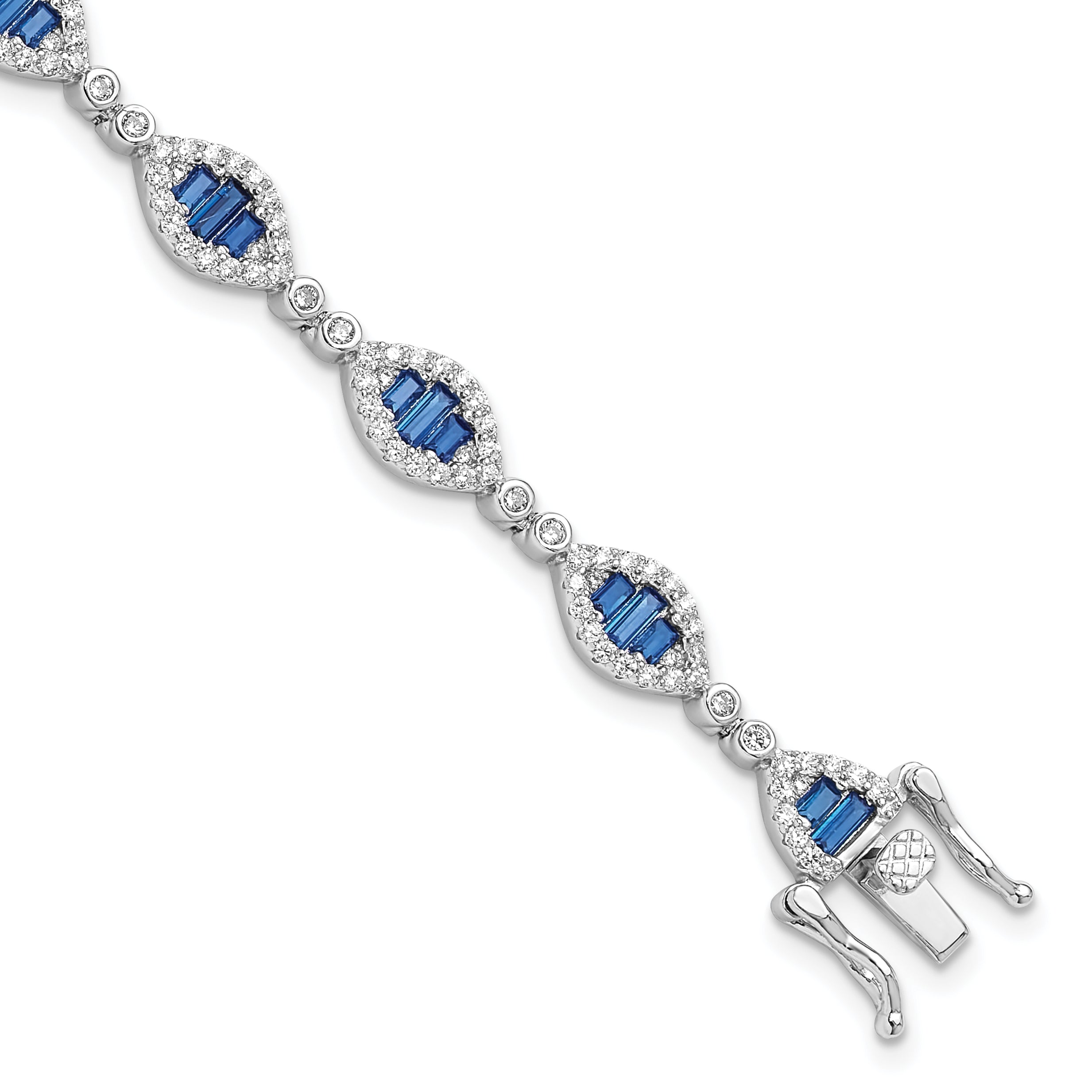 Sterling Silver Rhodium-Rhodium-Plated White and Blue CZ Link Bracelet