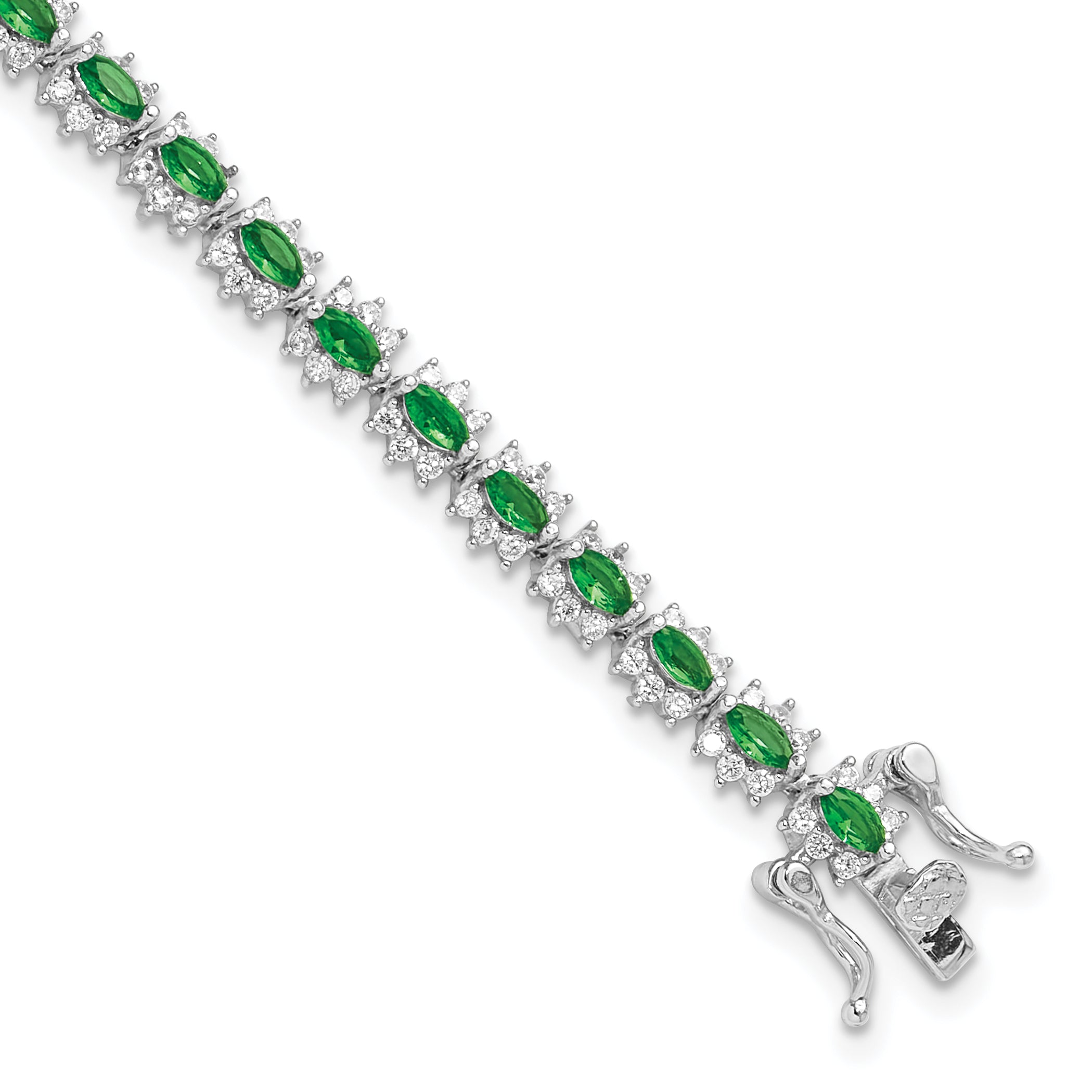 Sterling Silver Rhodium-Rhodium-Plated with Green and White CZ 7.5in Bracelet