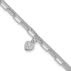 Sterling Silver Rhodium-Rhodium-Plated CZ Heart 6.75in w/1in ext. Bracelet