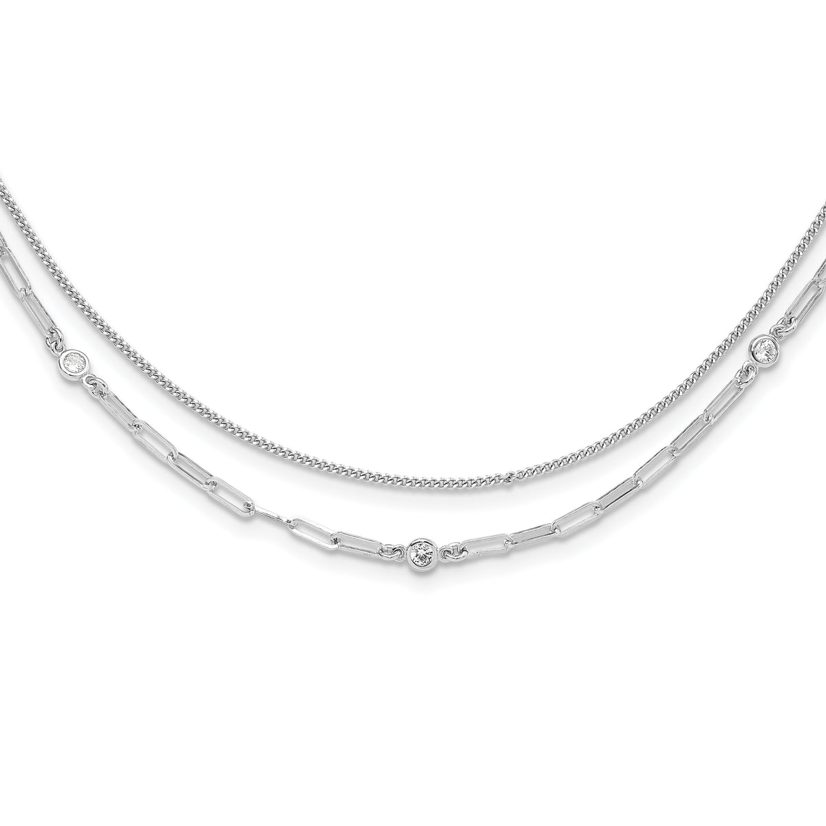 Sterling Silver Rhodium-Rhodium-Plated CZ 2 Strand 17in With 2 Inch Extention. Necklace