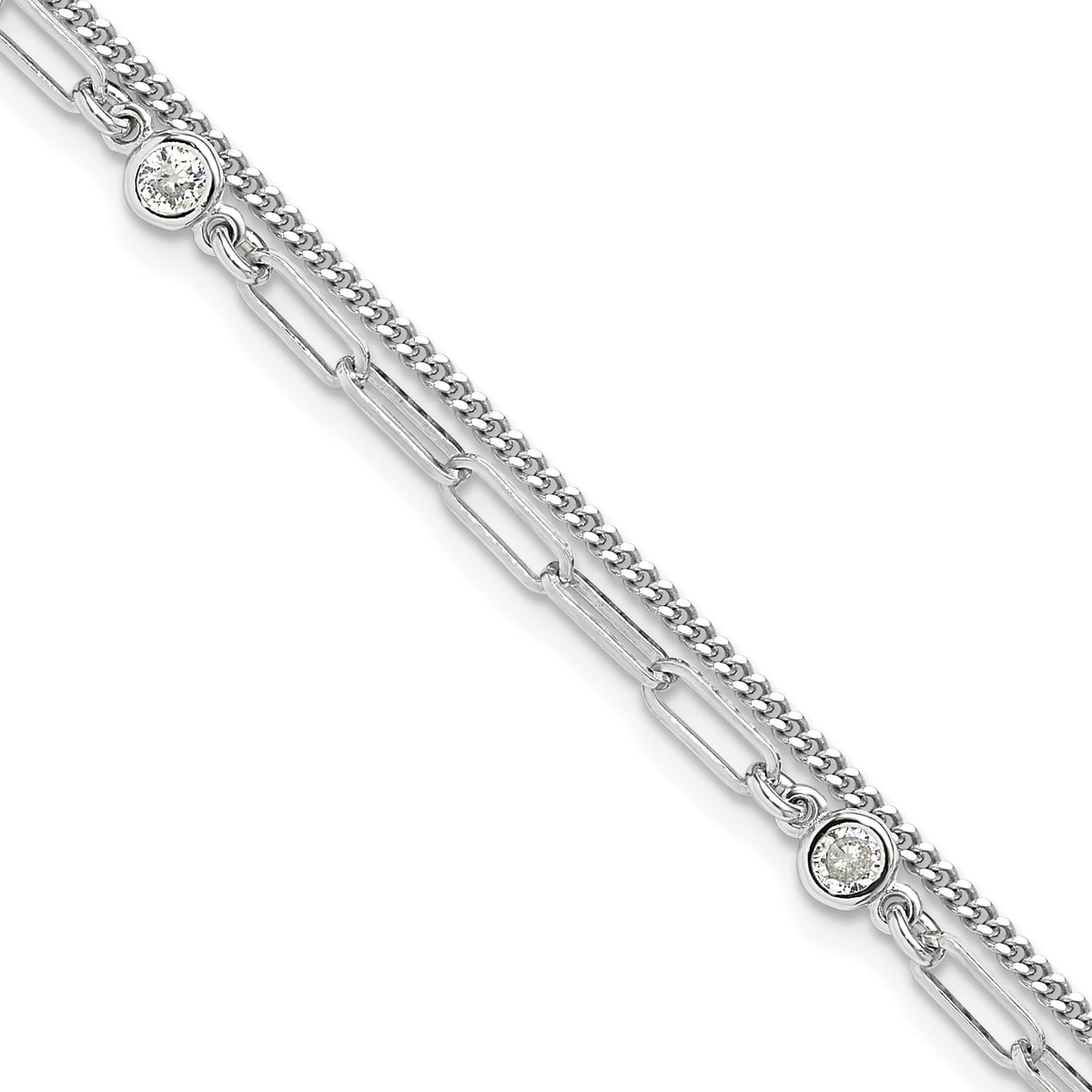 Sterling Silver Rhodium-Rhodium-Plated CZ 2 Strand 6.75in w/1in ext. Bracelet