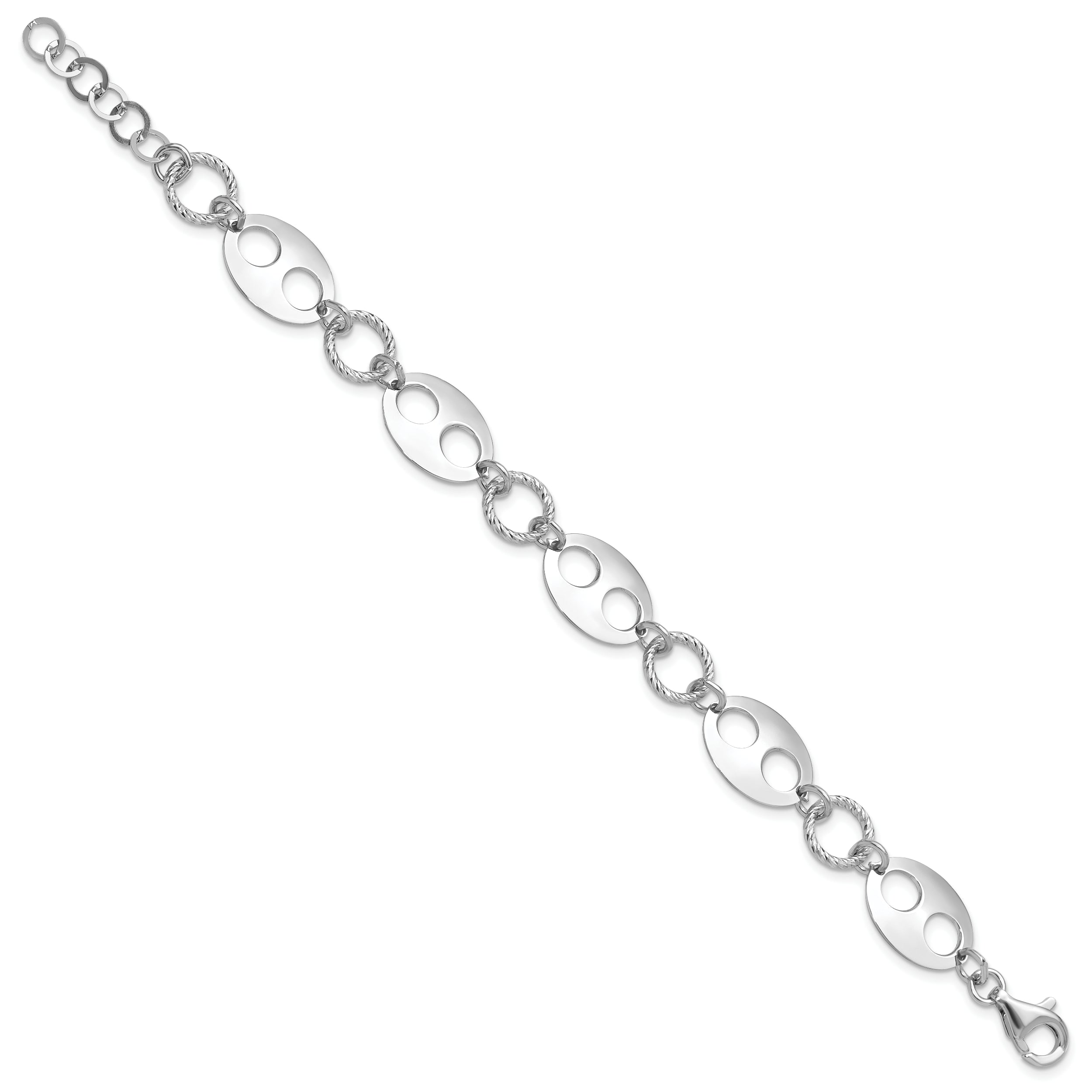 Sterling Silver Rhodium-plated D/C Link  w/1 in ext. Bracelet
