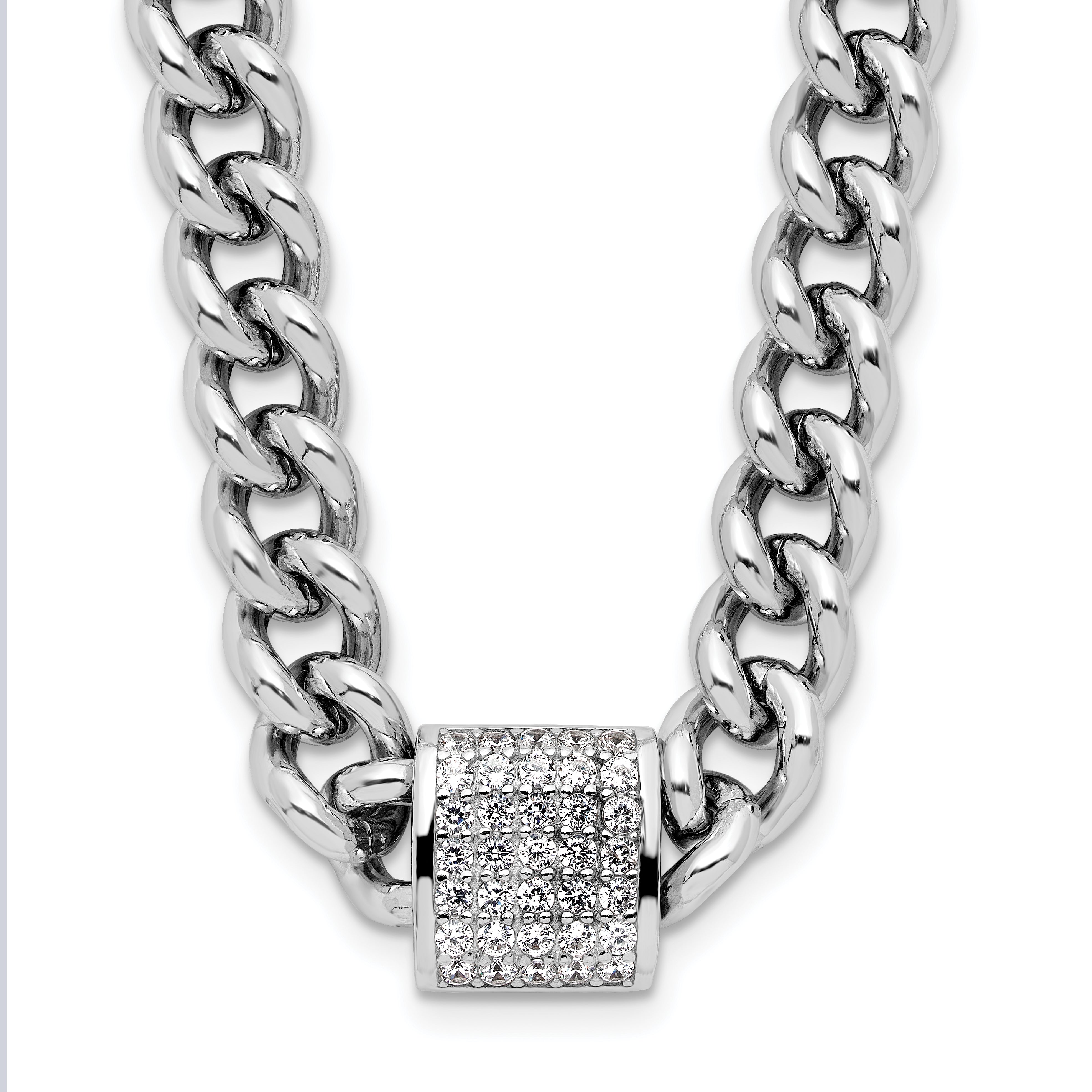 Sterling Silver Rhodium-Rhodium-Plated CZ Curb Link 17.5in with 2in Ext Necklace