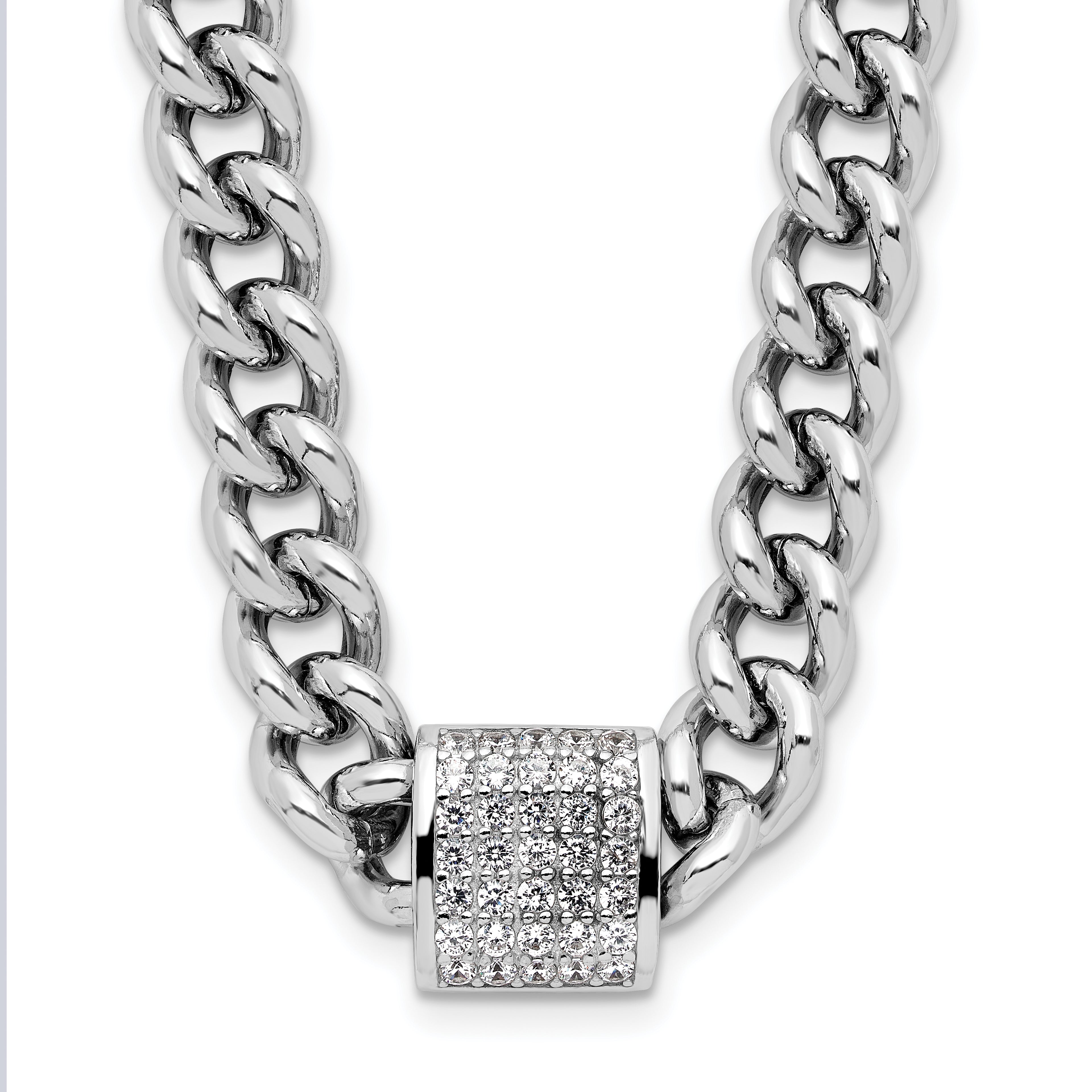 Sterling Silver Rhodium-Rhodium-Plated CZ Curb Link 17.5in with 2in Ext Necklace