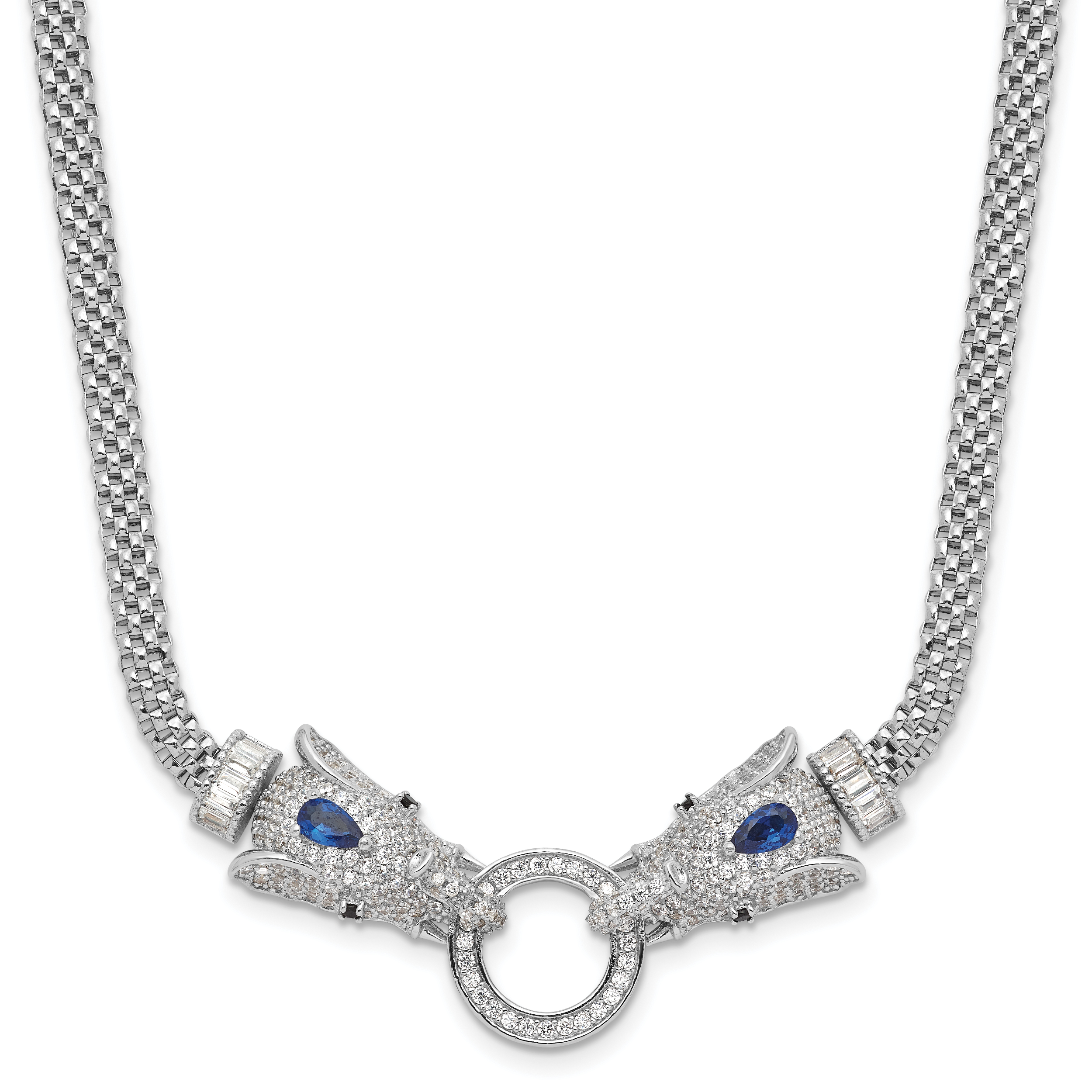 Sterling Silver Rhodium-Rhodium-Plated Blue and Clear CZ Elephant Head Necklace