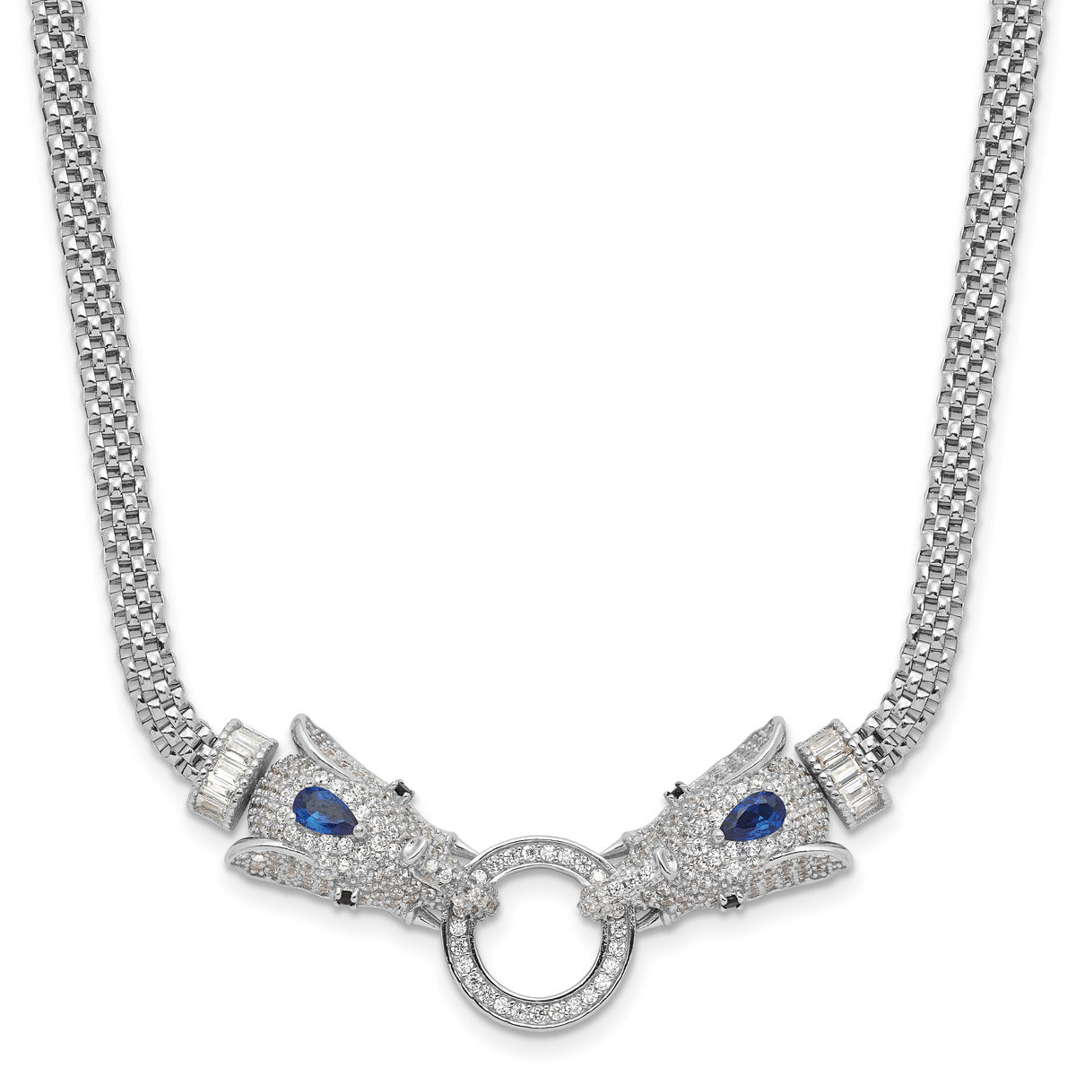 Sterling Silver Rhodium-Rhodium-Plated Blue and Clear CZ Elephant Head Necklace