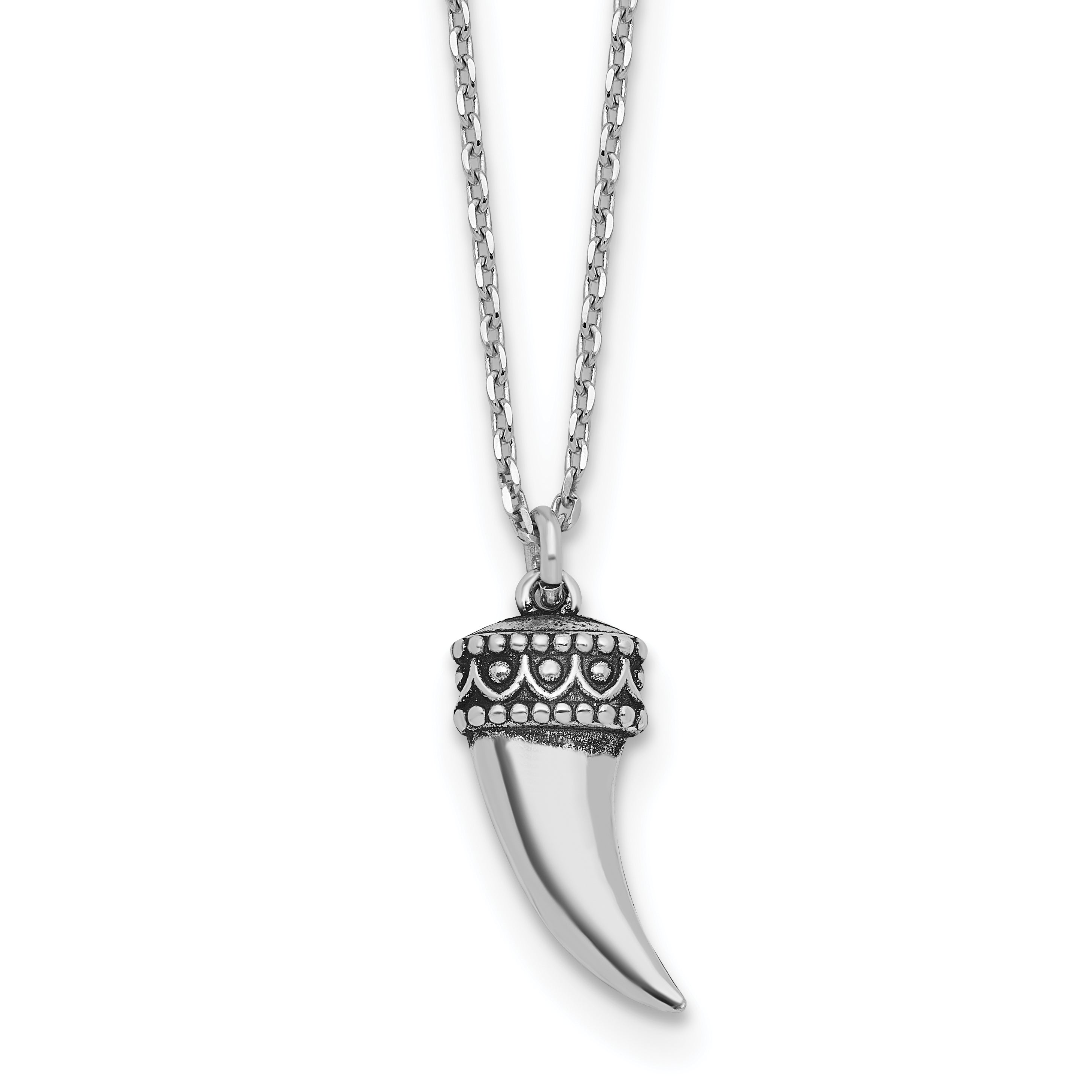 Sterling Silver Rhodium-Rhodium-Plated Antiqued 3D Horn w/1.5 in ext. Necklace