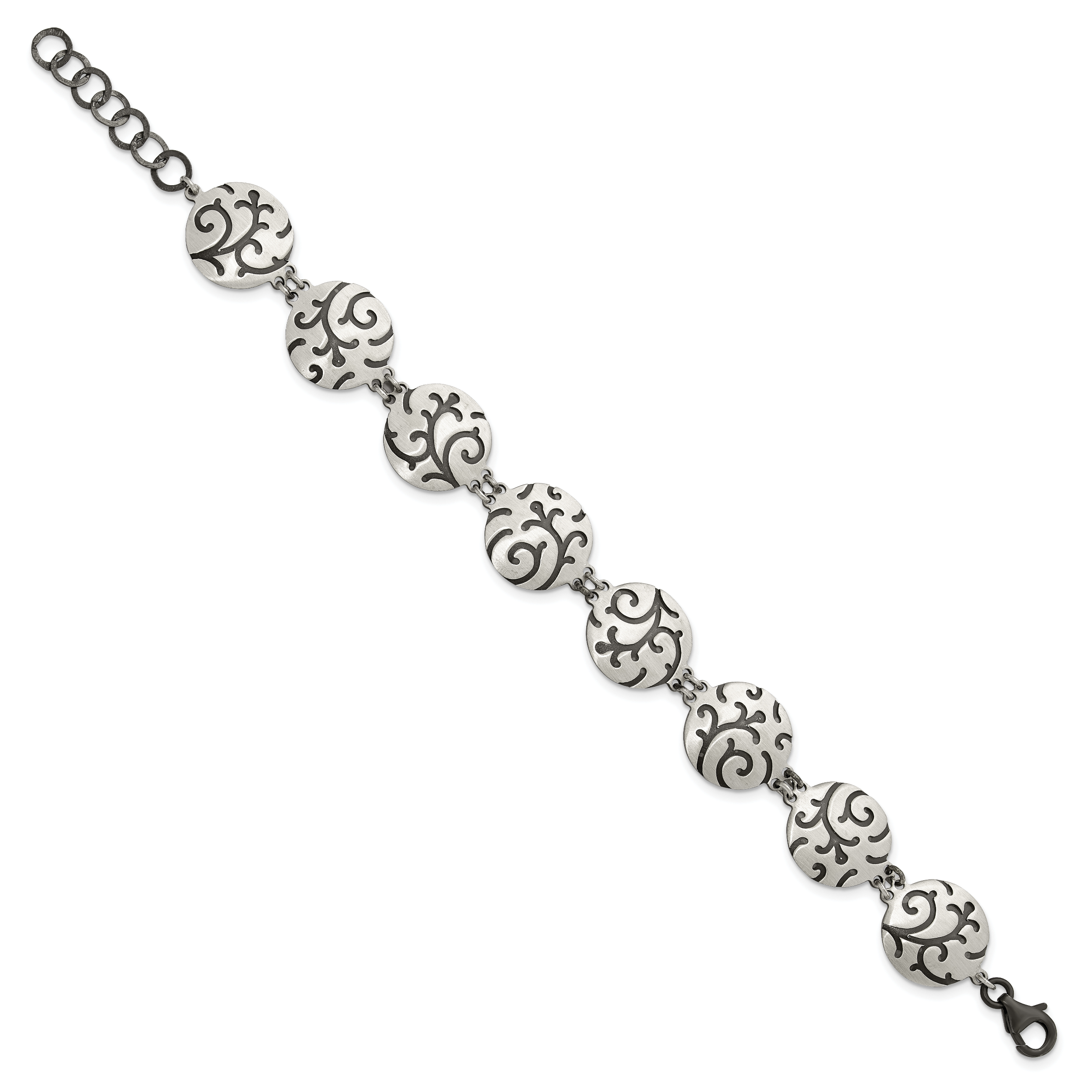 Sterling Silver Brushed Oxidize Burnished Swirl Disc w/1 in Ext. Bracelet Secondary image
