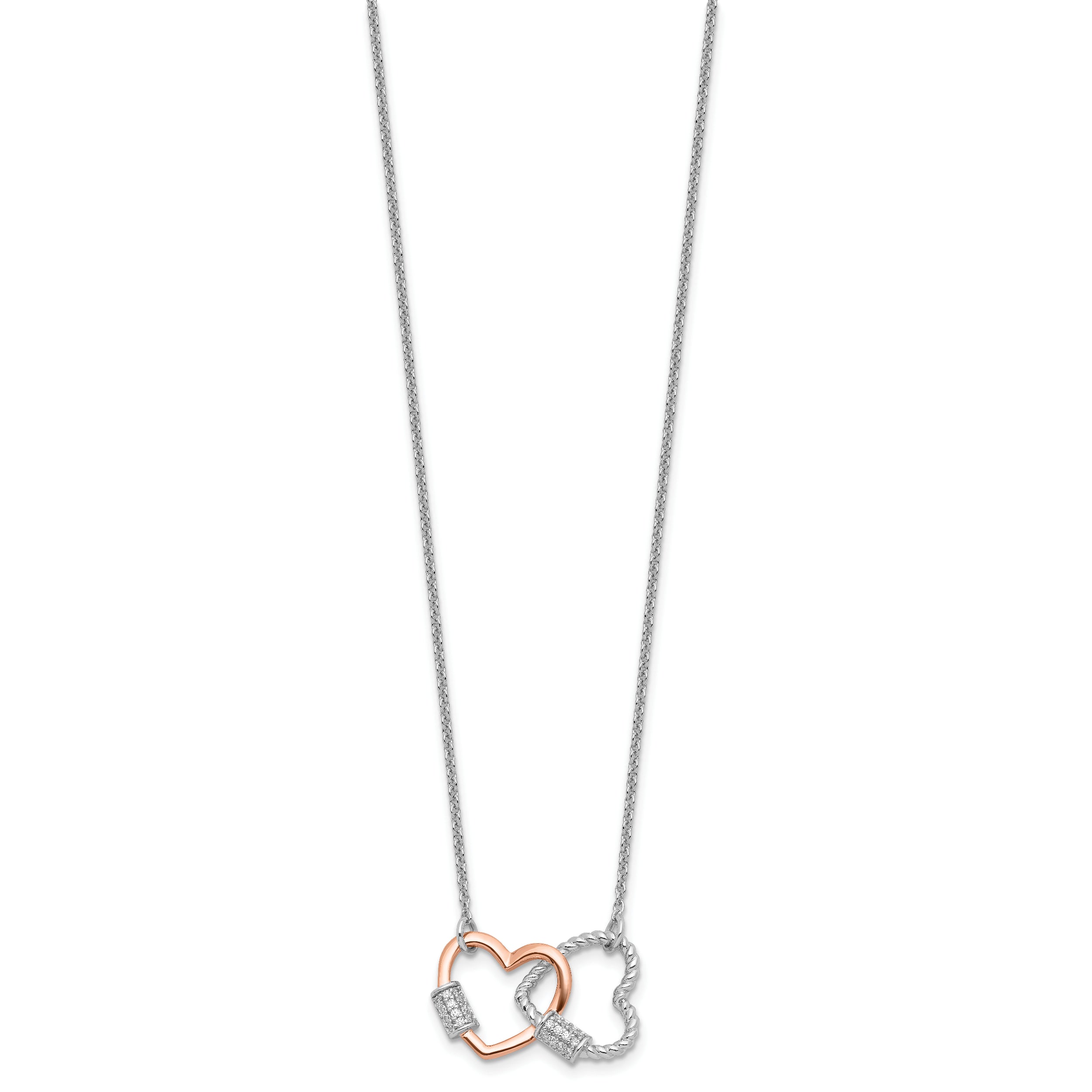 Sterling Silver Rh-plated Rose-tone Double Heart CZ w/2in ext Necklace