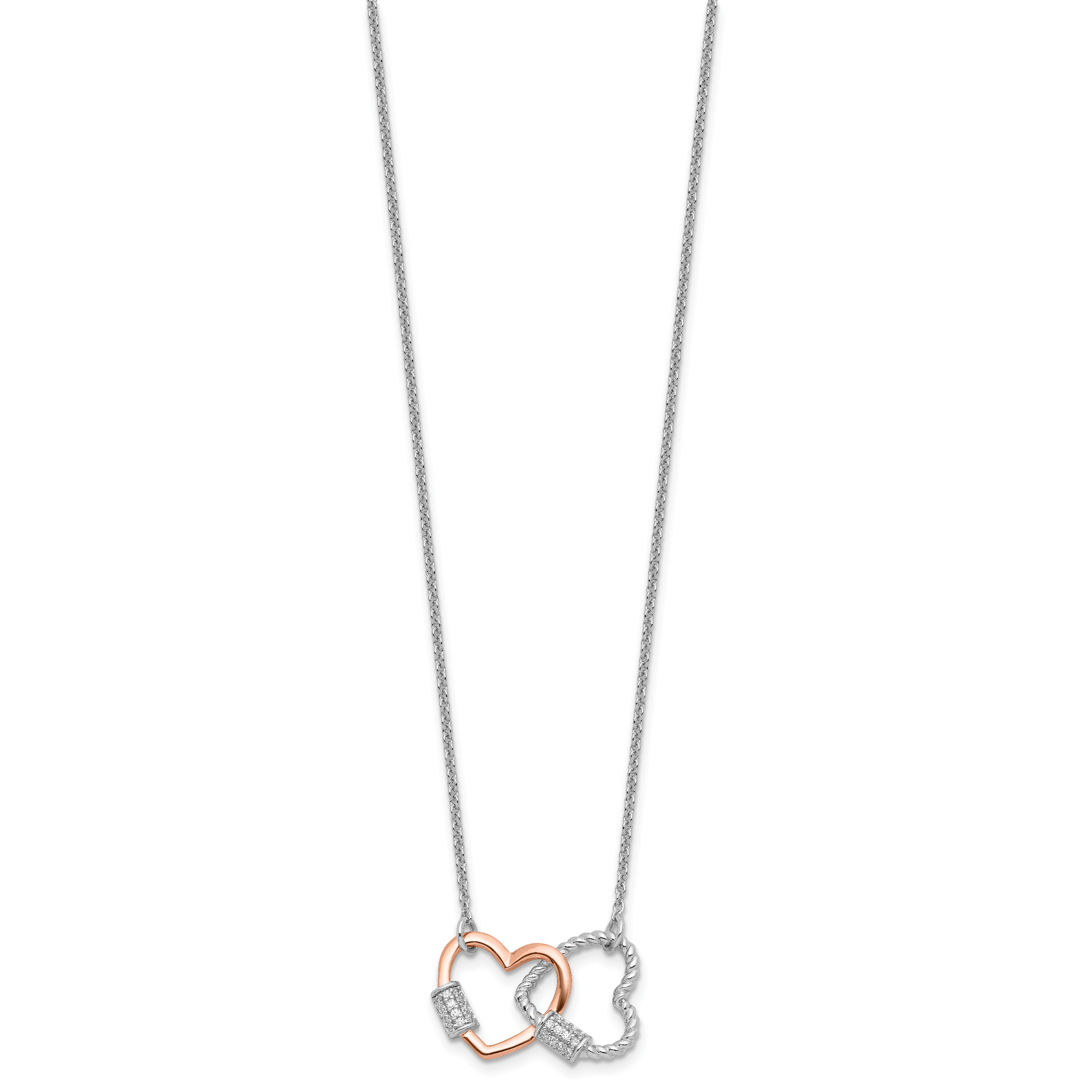 Sterling Silver Rh-plated Rose-tone Double Heart CZ w/2in ext Necklace