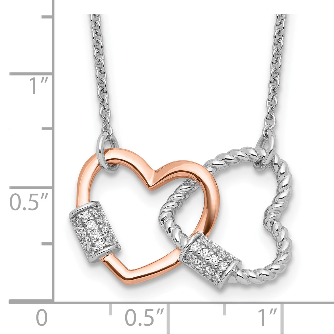 Sterling Silver Rh-plated Rose-tone Double Heart CZ w/2in ext Necklace