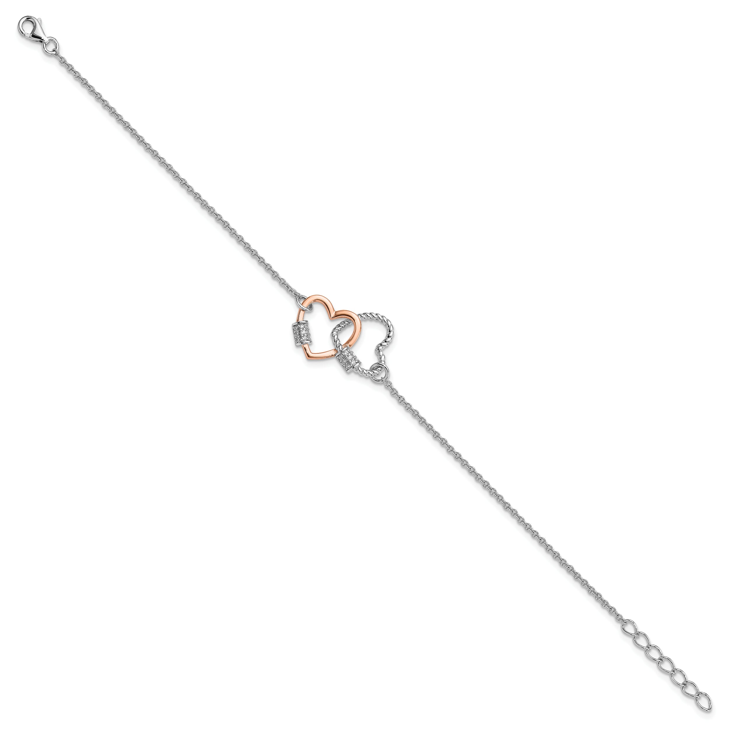 Sterling Silver Rh-plated Rose-tone Double Heart 7in w/1in ext Bracelet