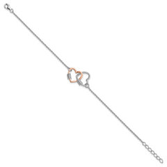 Sterling Silver Rh-plated Rose-tone Double Heart 7in w/1in ext Bracelet