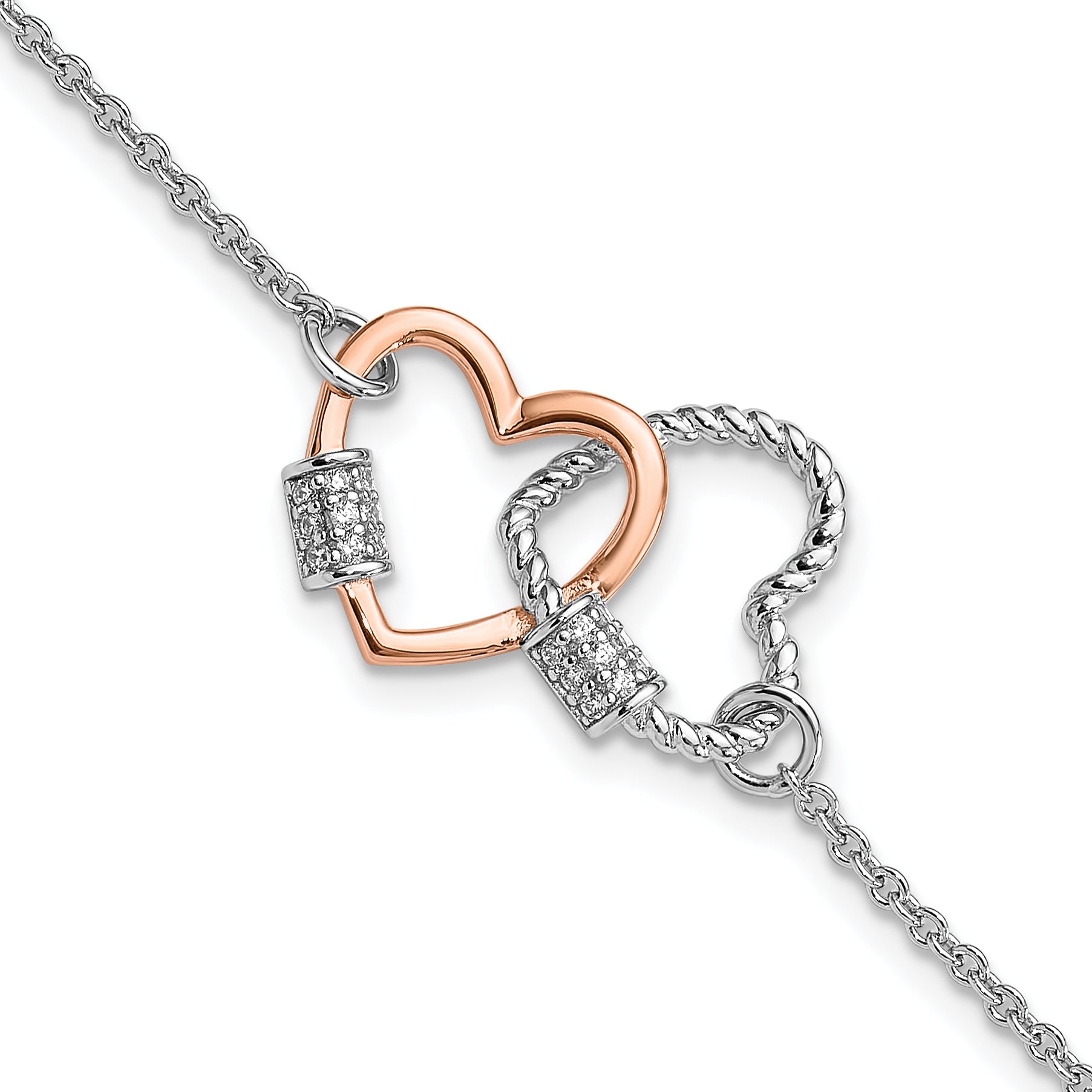 Sterling Silver Rh-plated Rose-tone Double Heart 7in w/1in ext Bracelet Main image