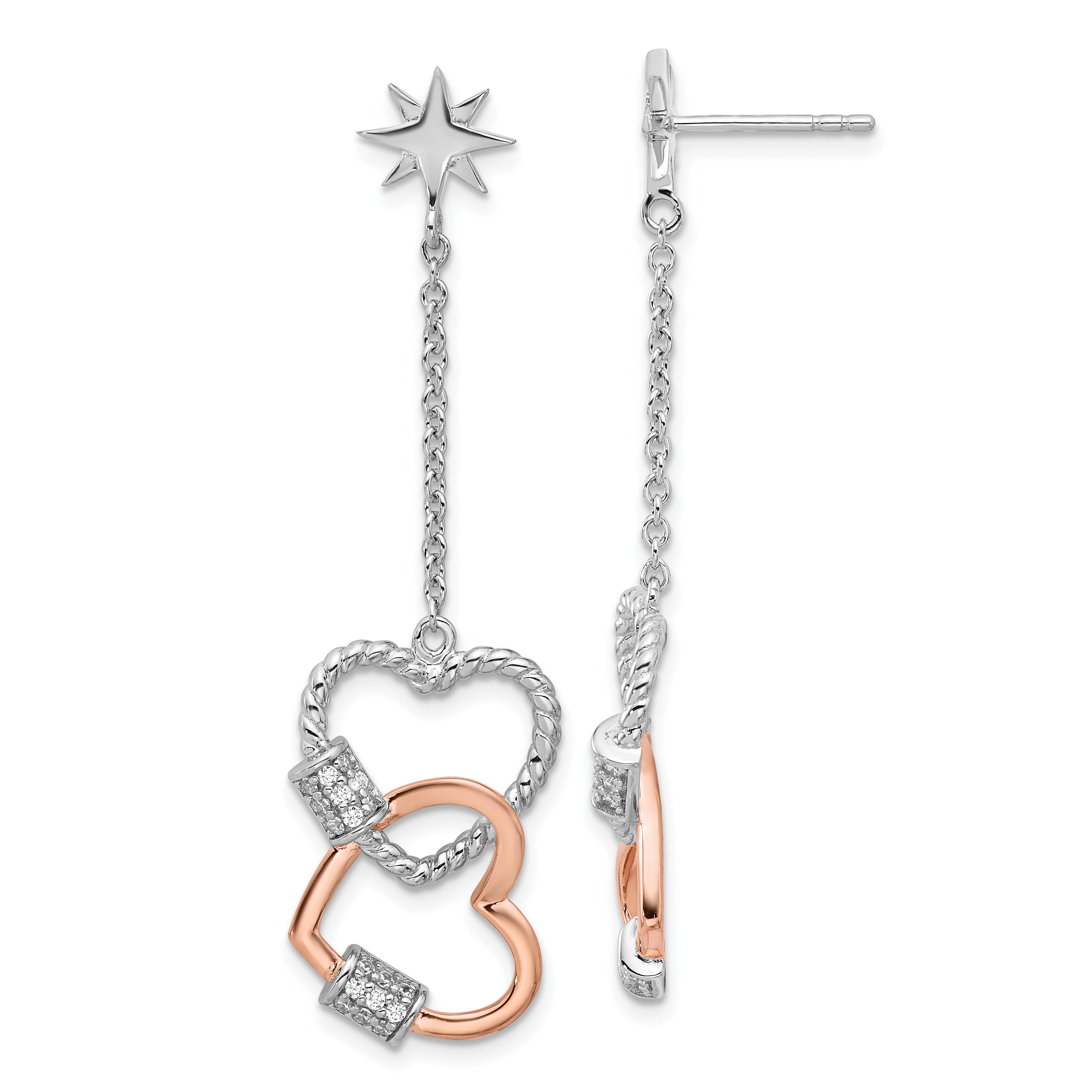 Pure Fire Sterling Silver Rhod-plated Rose-tone CZ Hearts Dangle Post Earri
