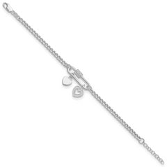 Sterling Silver RH-plated CZ Heart Moveable 7in w/ 1in ext Bracelet