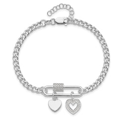 Sterling Silver RH-plated CZ Heart Moveable 7in w/ 1in ext Bracelet
