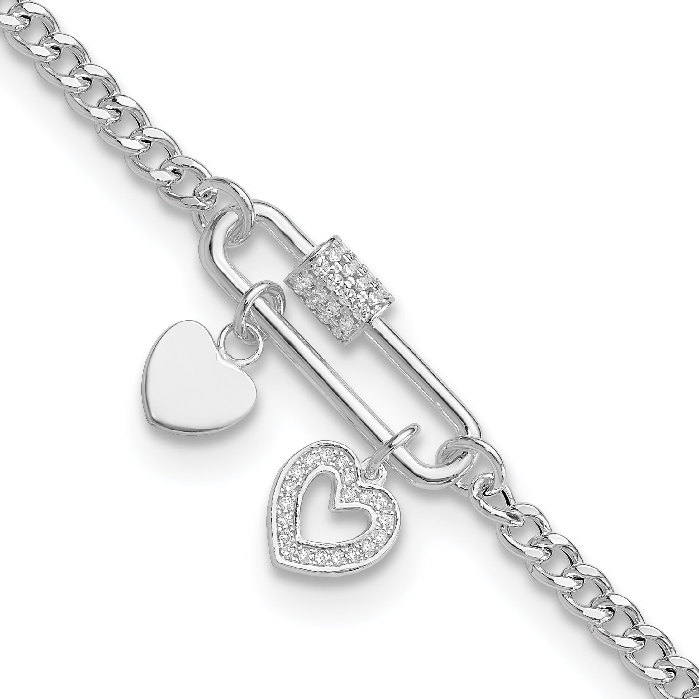 Sterling Silver RH-plated CZ Heart Moveable 7in w/ 1in ext Bracelet Main image