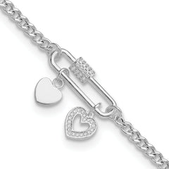 Sterling Silver RH-plated CZ Heart Moveable 7in w/ 1in ext Bracelet