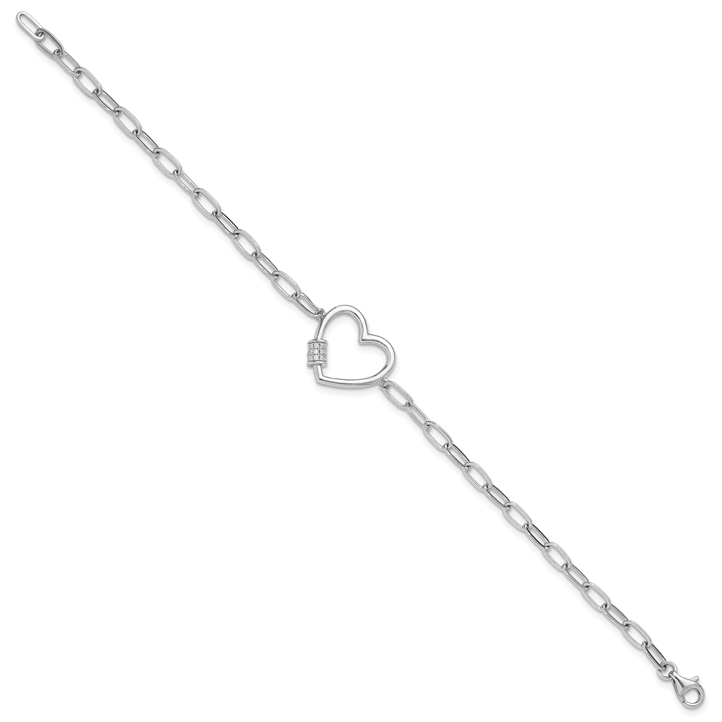 Sterling Silver Rhodium-plated with CZ Heart Paperclip Link 7.5in Bracelet Secondary image