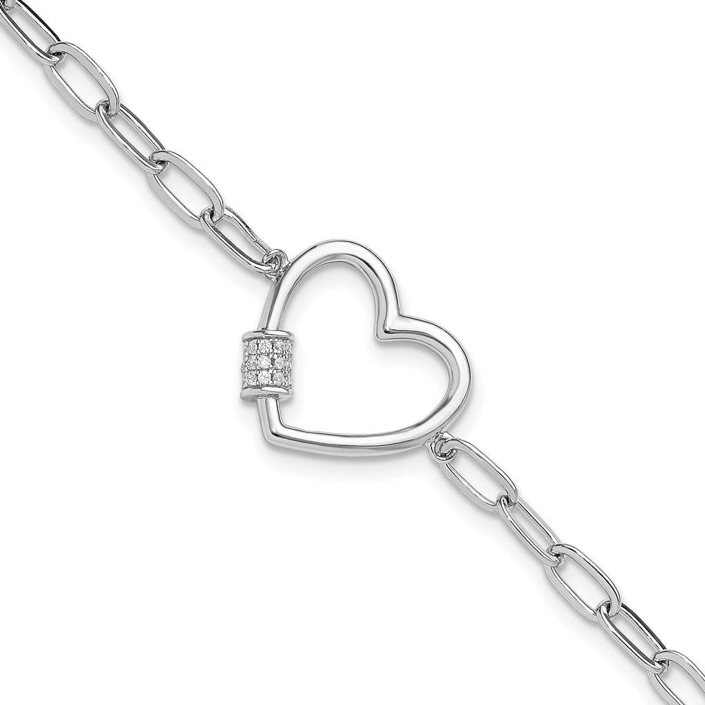 Sterling Silver Rhodium-plated with CZ Heart Paperclip Link 7.5in Bracelet