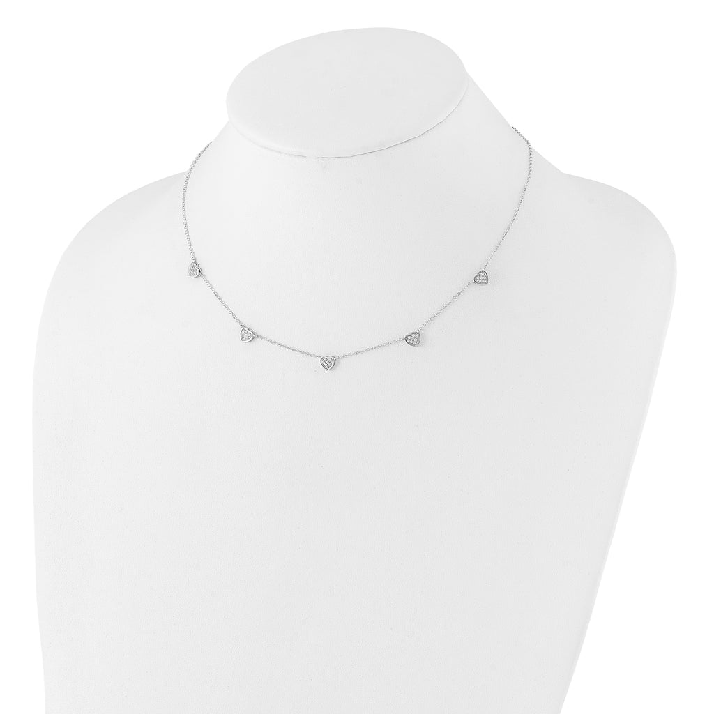 Sterling Silver RH-plated w/Micro Pave CZ Hearts With Extension ext Necklace